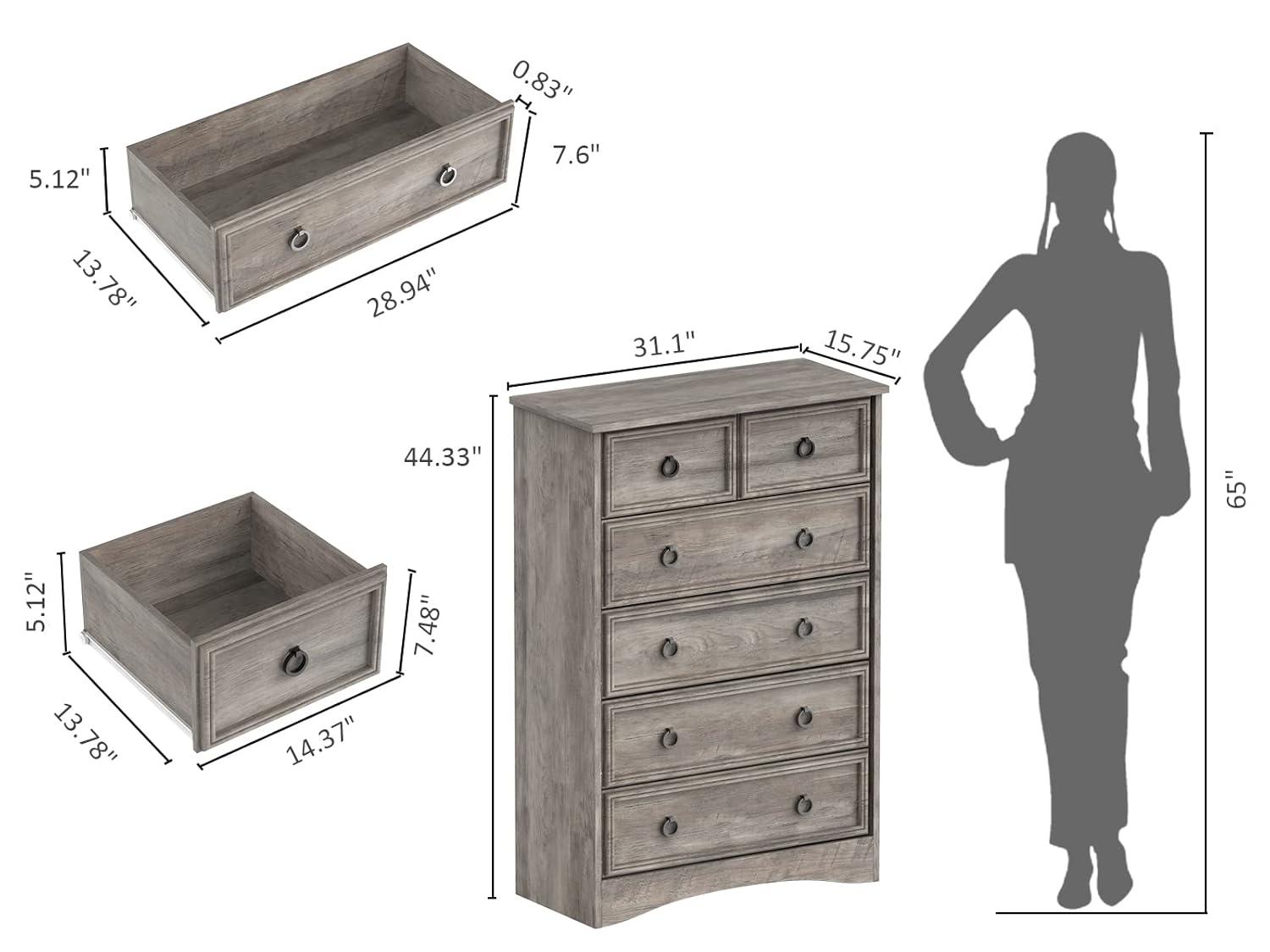 6 Drawer Dresser, Tall Wood Chest of Drawers Dressers for Bedroom, Living Room, Gray