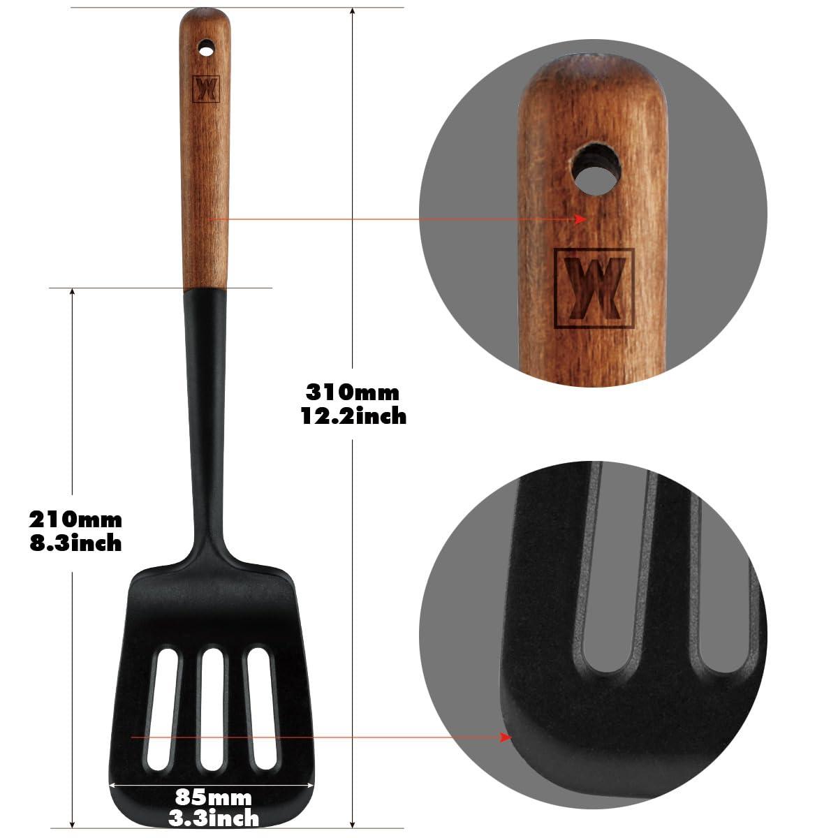 Silicone Head cooking & Serving Spoon + Slotted Spatula Set: Cookling Utensil with Long Wooden Handles, Heat Resistant Cookware, Protects Surfaces with Gentle Head Design