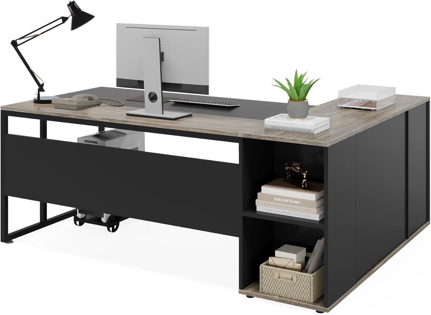 Tribesigns 71 inch Executive Desk, L Shaped Desk with Cabinet Storage, Executive Office Desk with Shelves