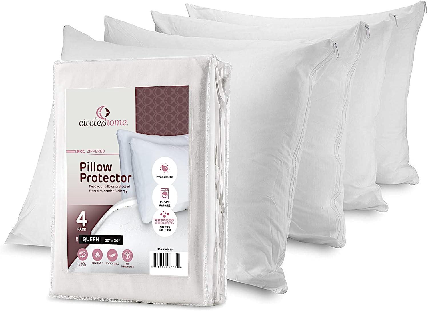 Queen White Cotton Hypoallergenic Pillow Protectors with Zipper, 4 Pack