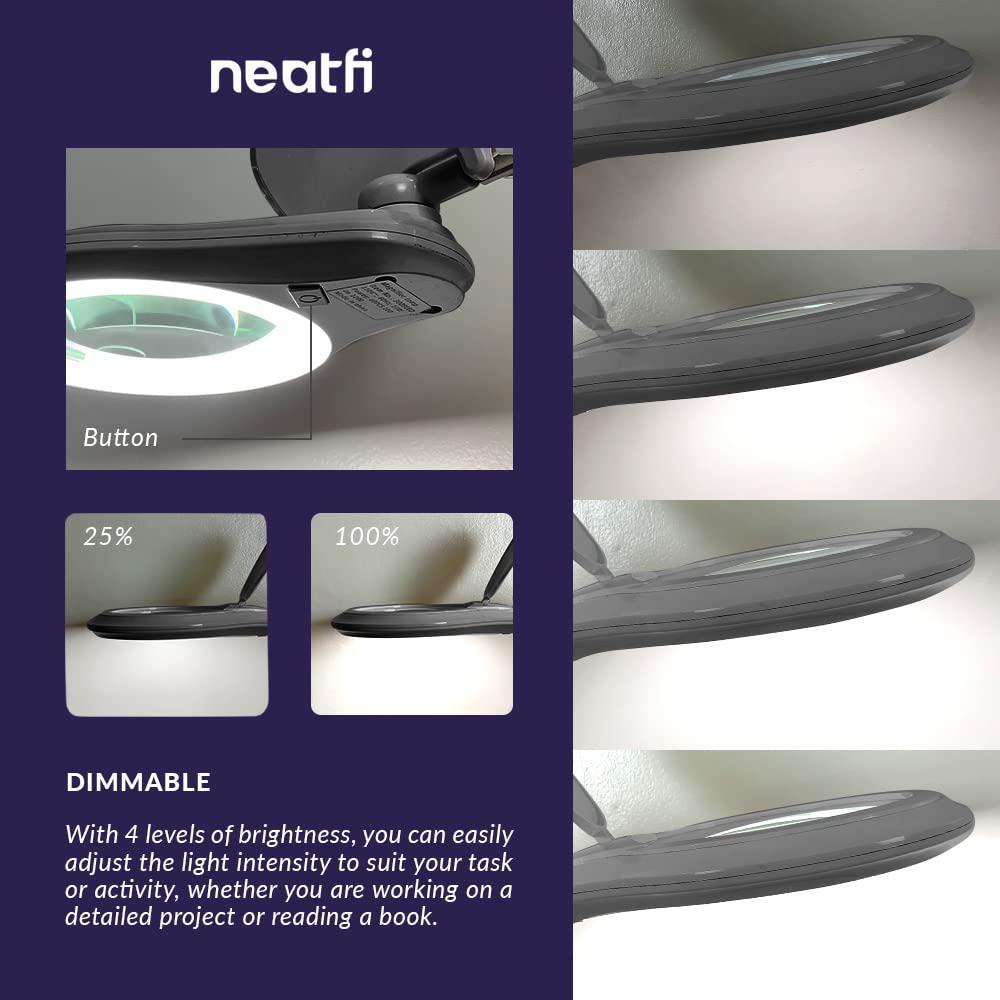Neatfi (New Model Bifocals 1,200 Lumens Super LED Magnifying Lamp with Clamp, Dimmable, 60 Pcs SMD LED, 5 Inches Diameter Lens, Adjustable Arm (5 Diopter + 20 Diopter, White)