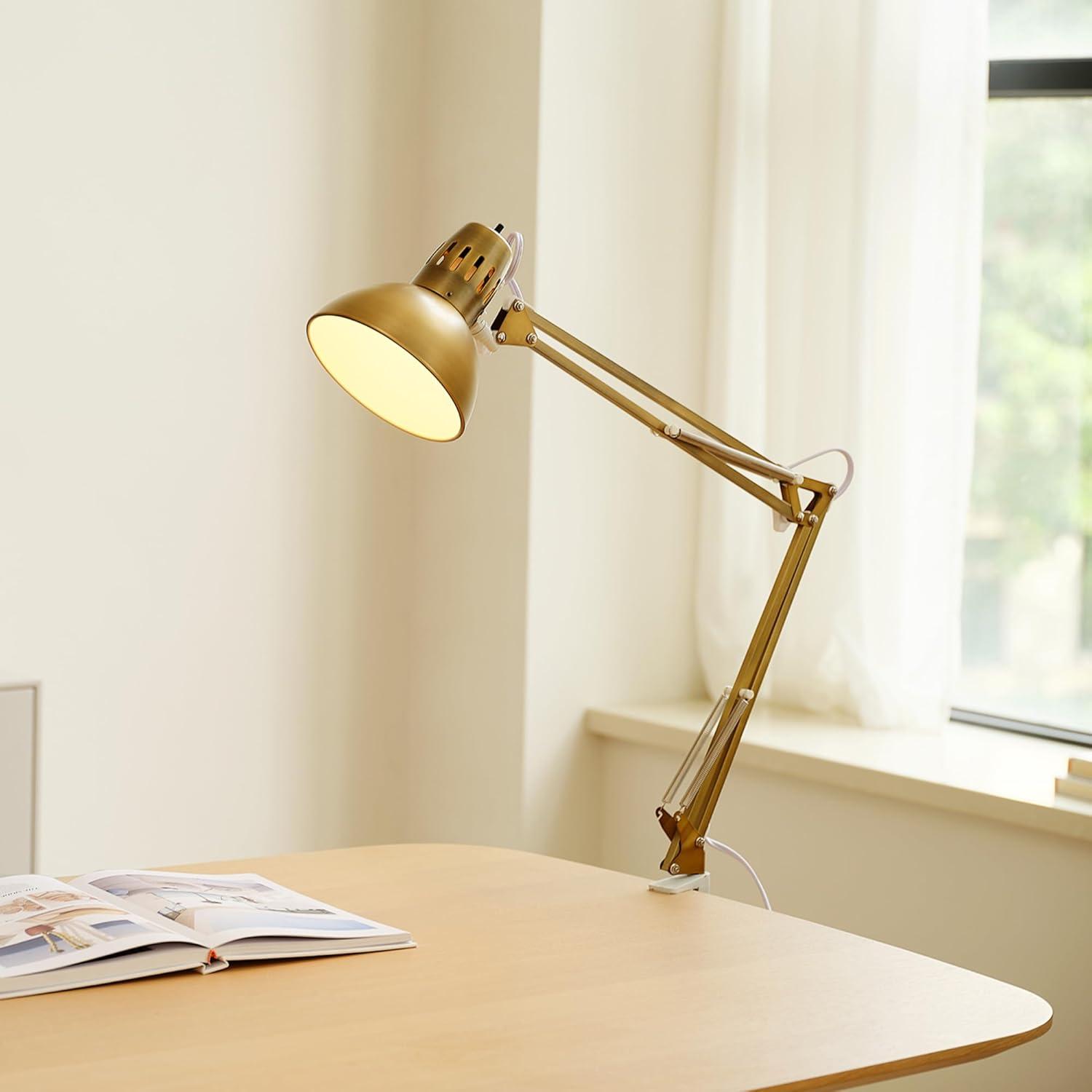 Adjustable Gold Clip-On Desk Lamp with Metal Clamp