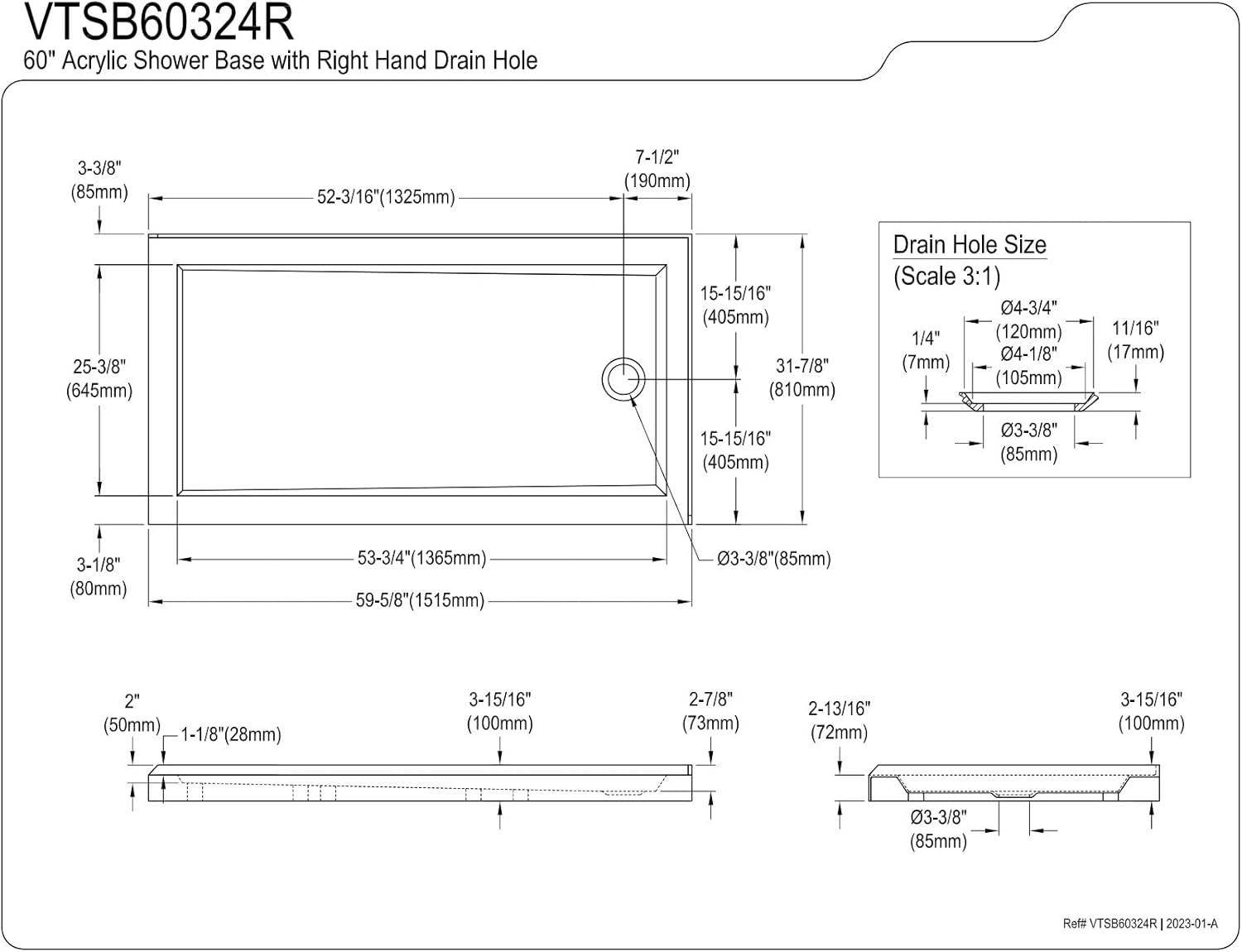 Aruba 60-Inch White Acrylic Double Threshold Shower Base