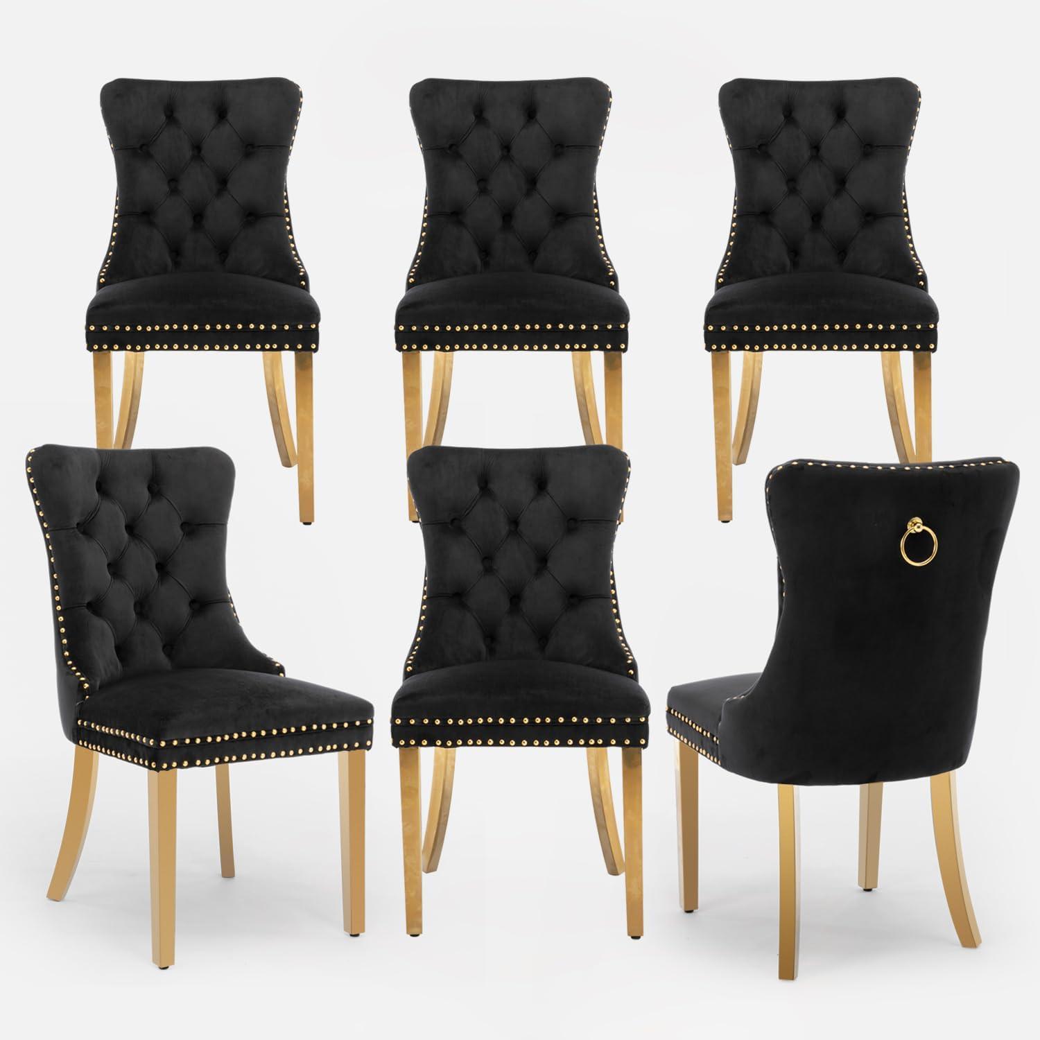 ODUSE-DAILY Black Velvet Dining Chairs Set of 6, Kitchen & Dining Room Chairs, Nailheads Tufted, Sillas De Comedor, Fabric Upholstered, Golden Metal Legs (Black, 6 Pcs)