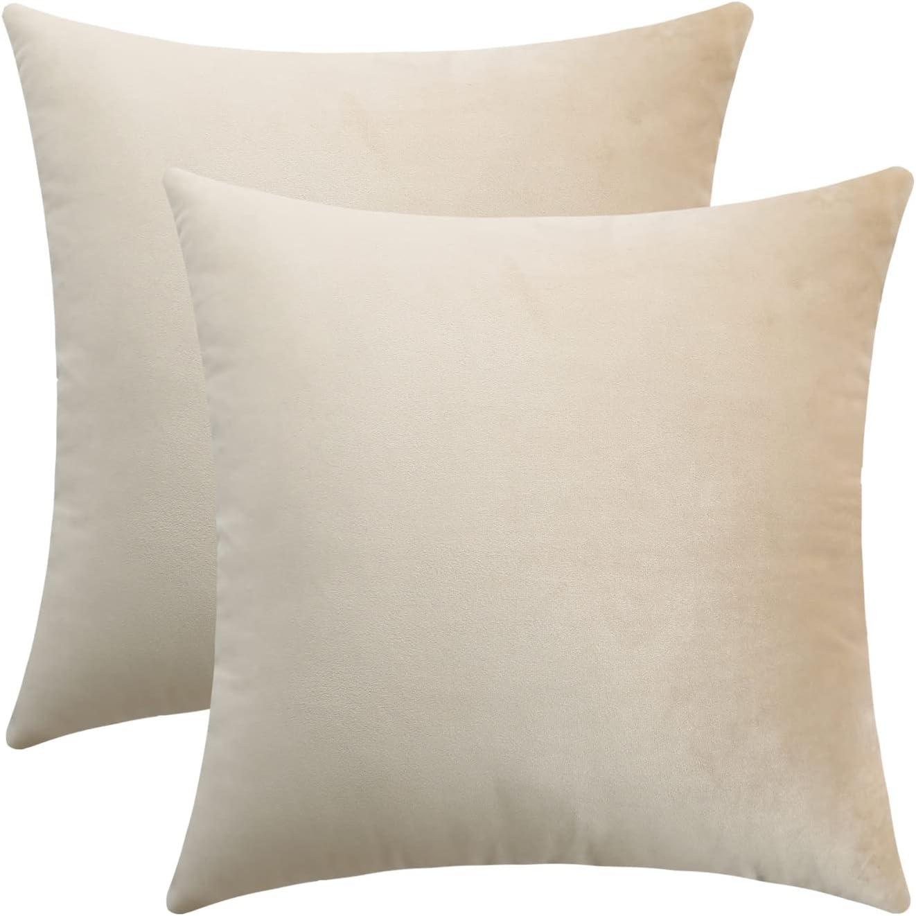 Toptie Set of 2 Velvet Pillow Covers 18" x 18", Throw Cushion Case for Sofa Bedroom (Beige)