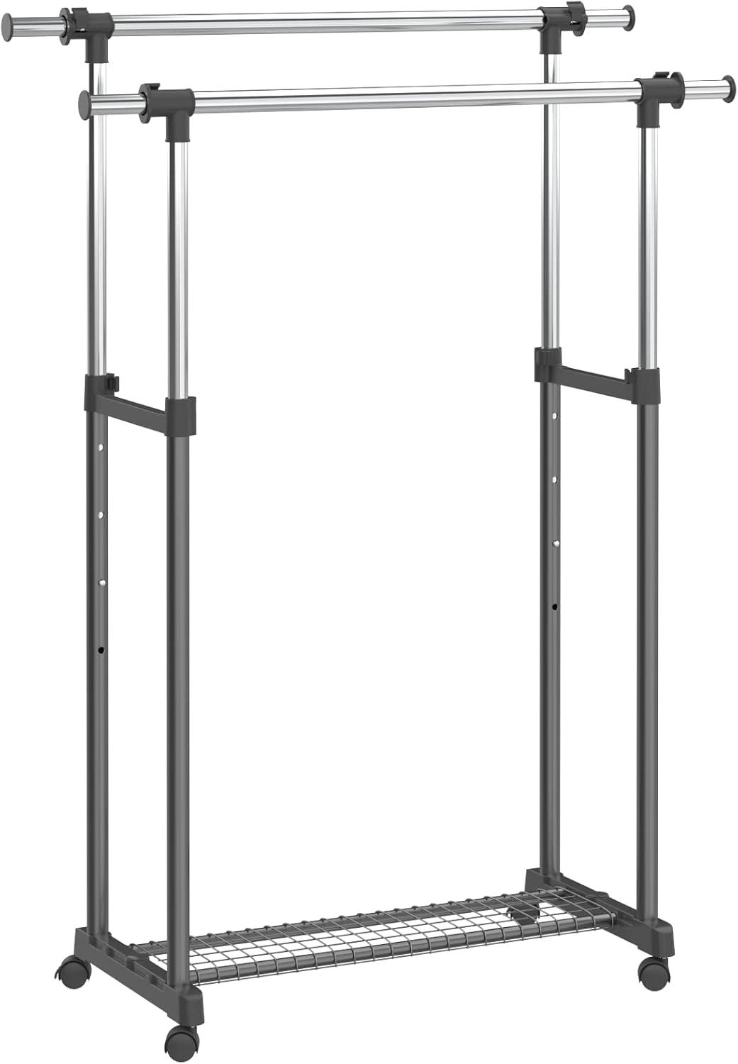 Adjustable Black and Chrome Portable Double Rail Garment Rack