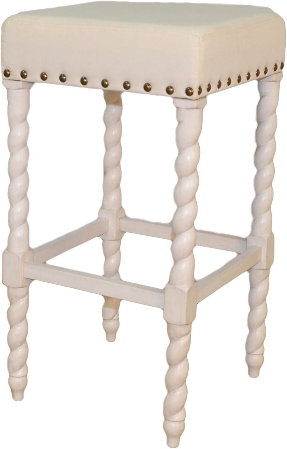 Carolina Chair & Table Flora 30" Bar Stool with Linen Upholstered Seat - Solid Wooden Frame, Twist Turned Legs with Antique Brass Nailhead Trim Accent Stool for Kitchens, Bars (Vintage White)