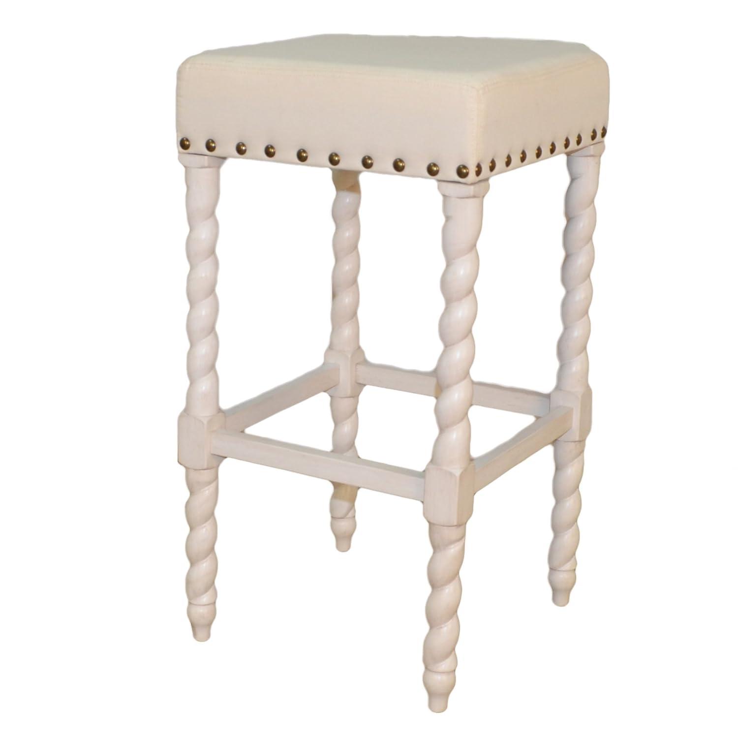 Carolina Chair & Table Flora 30" Bar Stool with Linen Upholstered Seat - Solid Wooden Frame, Twist Turned Legs with Antique Brass Nailhead Trim Accent Stool for Kitchens, Bars (Vintage White)