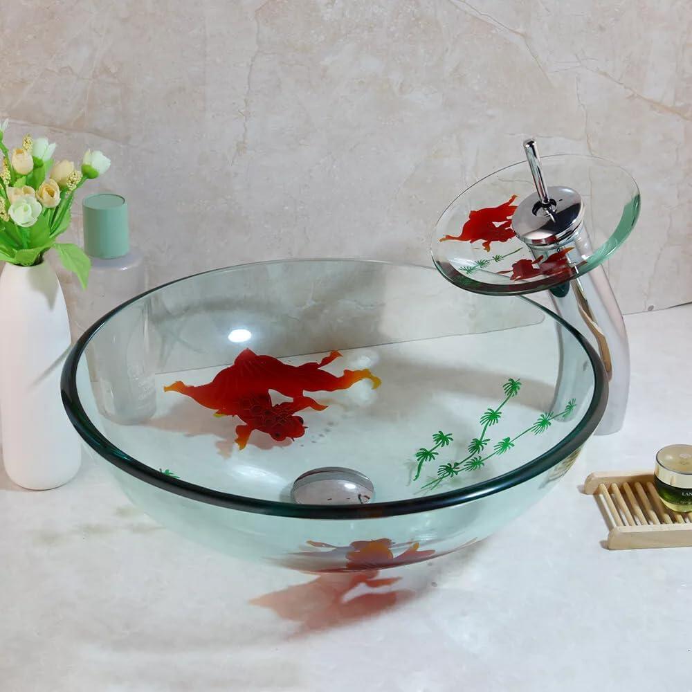 Clear Bathroom Sink Hand Painting Gold Fish Tempered Glass Vessel Sink Basin with Waterfall Faucet and Drain Combo,16"Round Glass Bowl Sink Above Counter Clear Bathroom Vessel Sink Set