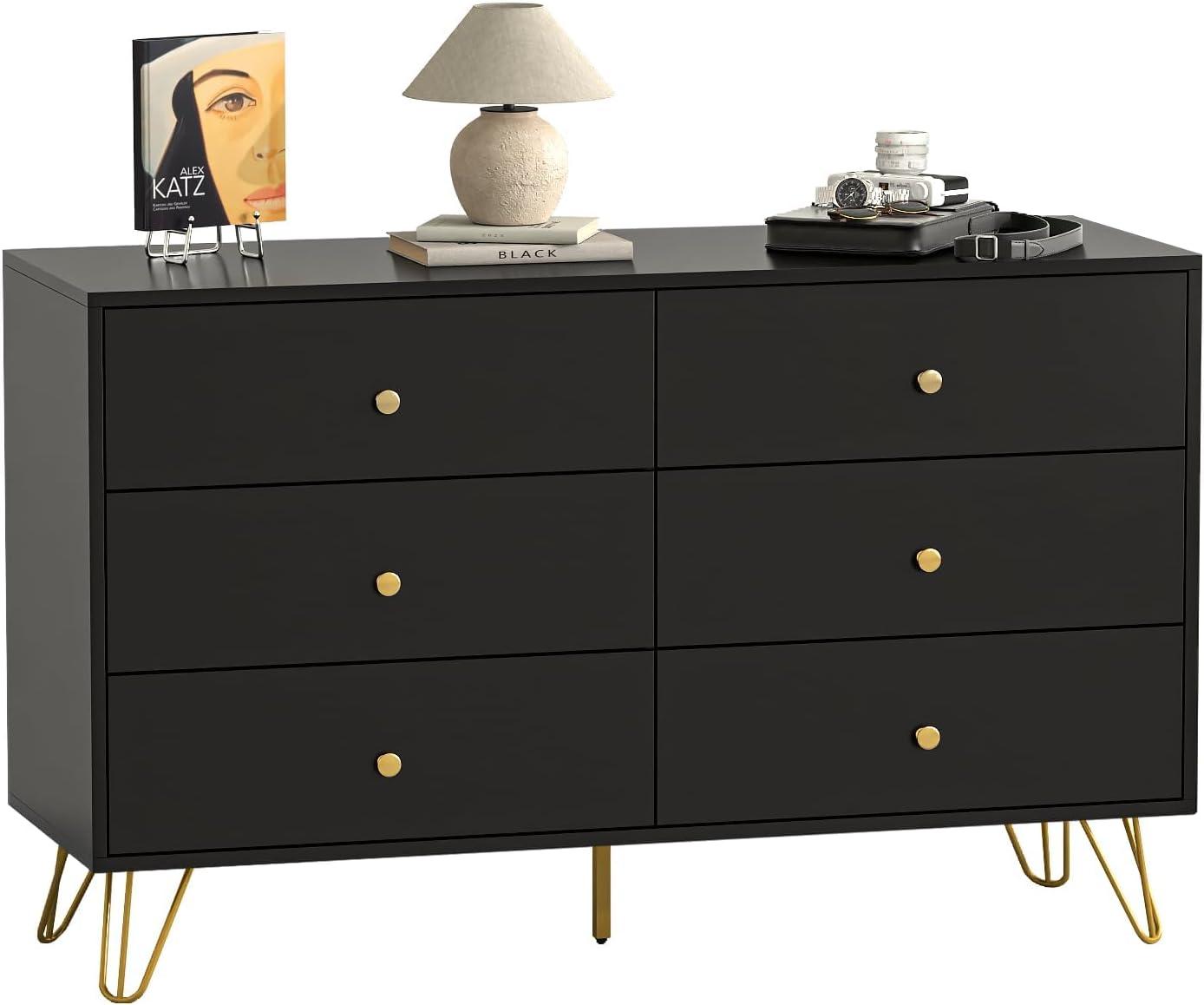 Black Dresser for Bedroom, Modern 6 Drawer Dresser, Wide Chest of Drawers with Gold Handles, Wood Double Dresser Storage Cabinet for Living Room, Bedroom, Hallway