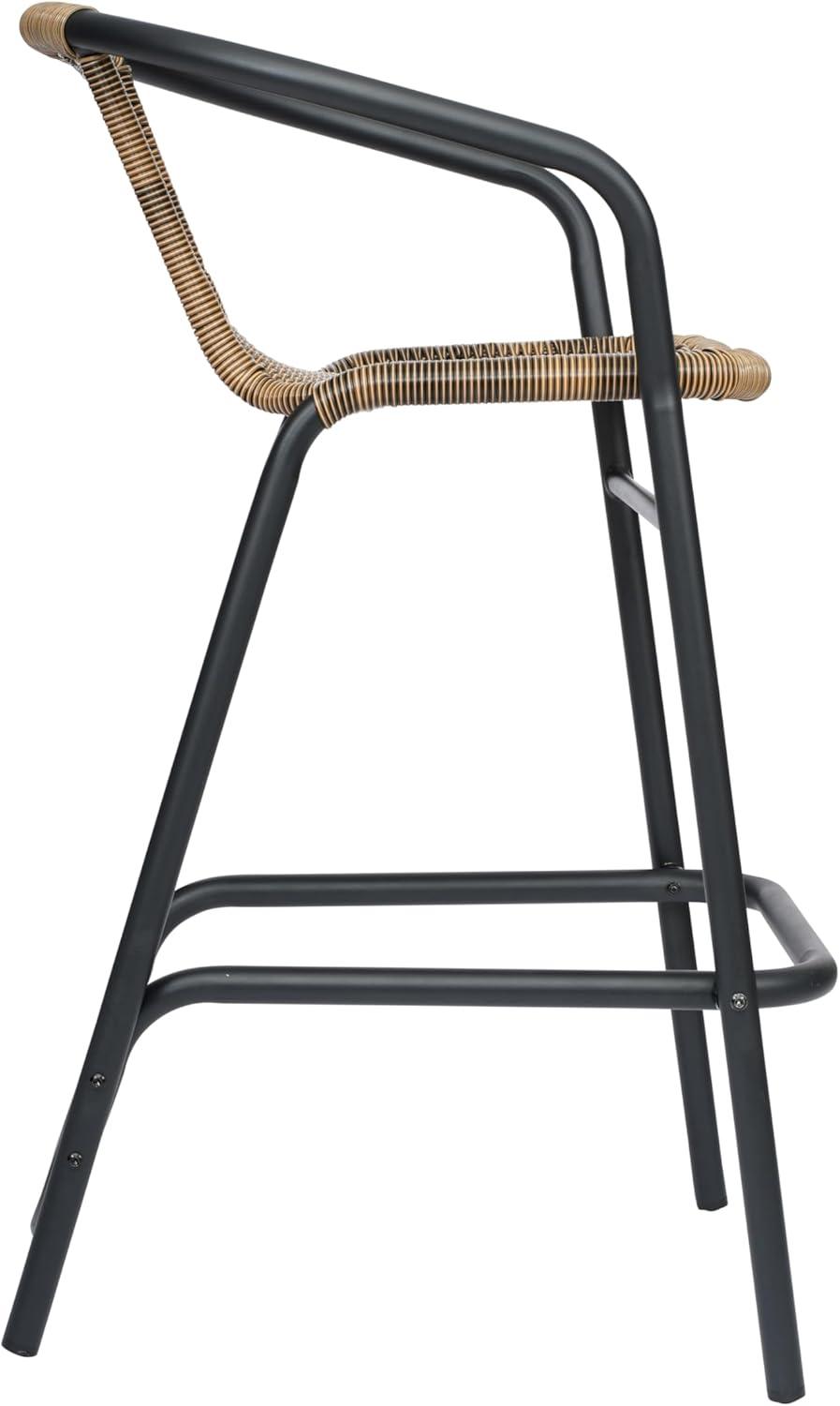 Flash Furniture Lila Set of 2 Commercial Grade Indoor-Outdoor PE Rattan Restaurant Barstool with Black Aluminum Frame and Footrest in Medium Brown