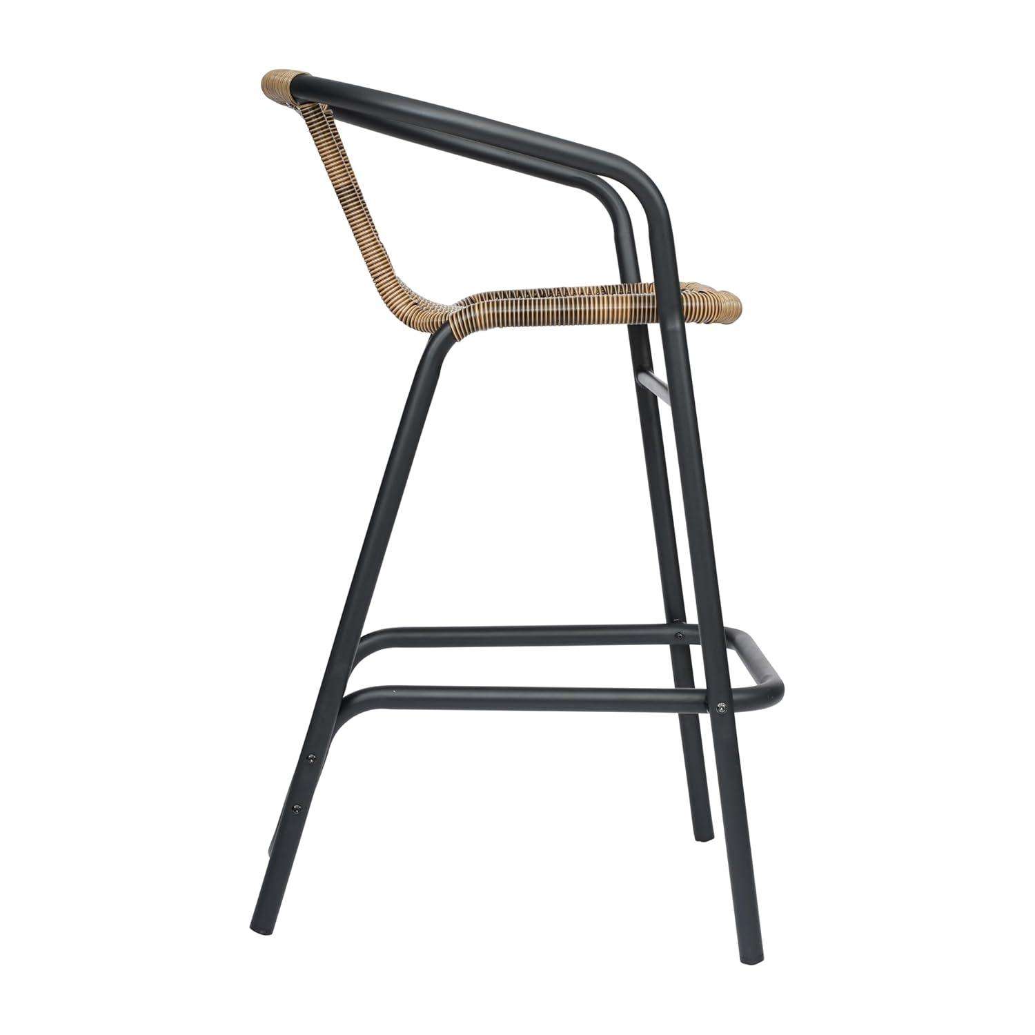 Flash Furniture Lila Set of 2 Commercial Grade Indoor-Outdoor PE Rattan Restaurant Barstool with Black Aluminum Frame and Footrest in Medium Brown