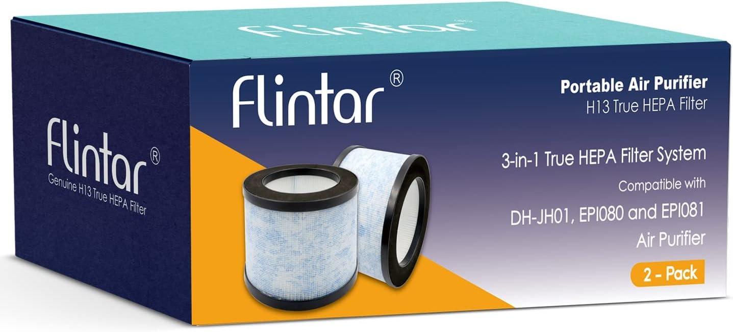 Flintar True HEPA Replacement Filter, Compatible with AROEVE MK01 MK06 and Kloudi Air Purifier DH-JH01, TZ-K1, Intelabe EPI080, and Elechomes EPI081, H13 Premium True HEPA Filter, 2-Pack