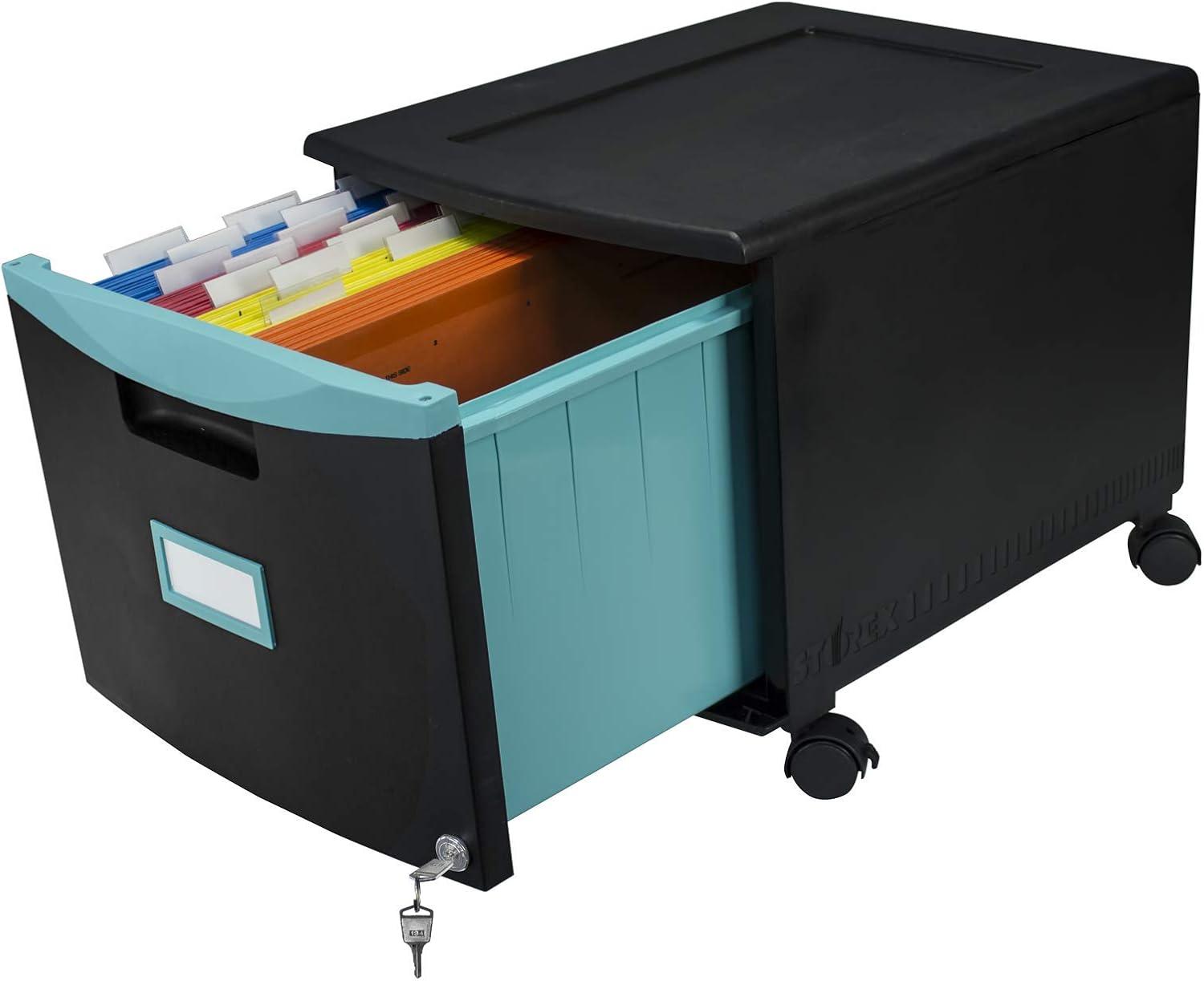 Storex Single-Drawer Mobile Filing Cabinet, 1 Legal/Letter-Size File Drawer, Black/Teal, 14.75" x 18.25" x 12.75"