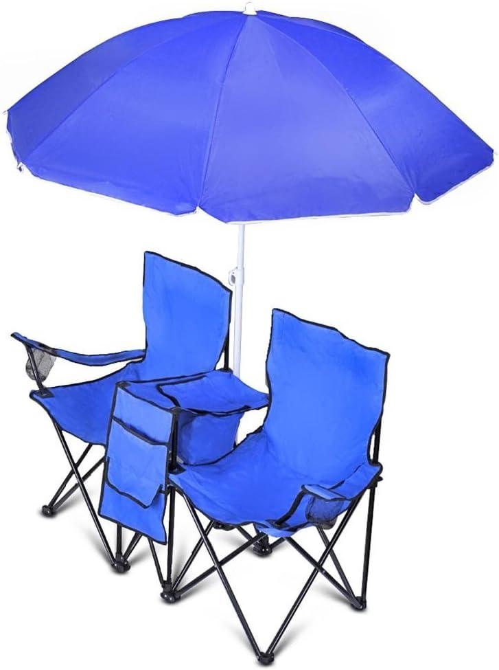 GoTeam Portable Double Folding Chair w/Removable Umbrella, Cooler Bag and Carry Case - Blue