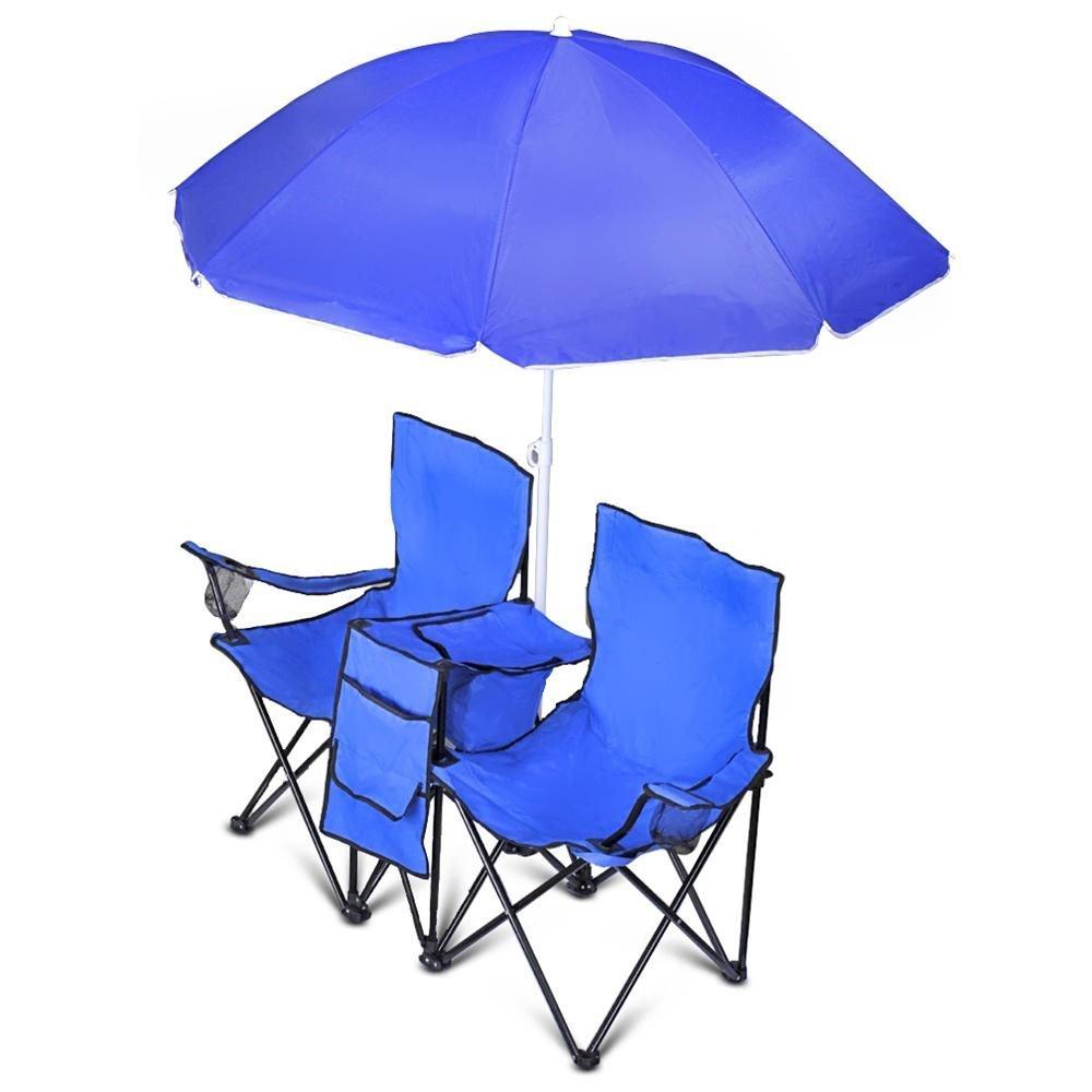 GoTeam Portable Double Folding Chair w/Removable Umbrella, Cooler Bag and Carry Case - Blue