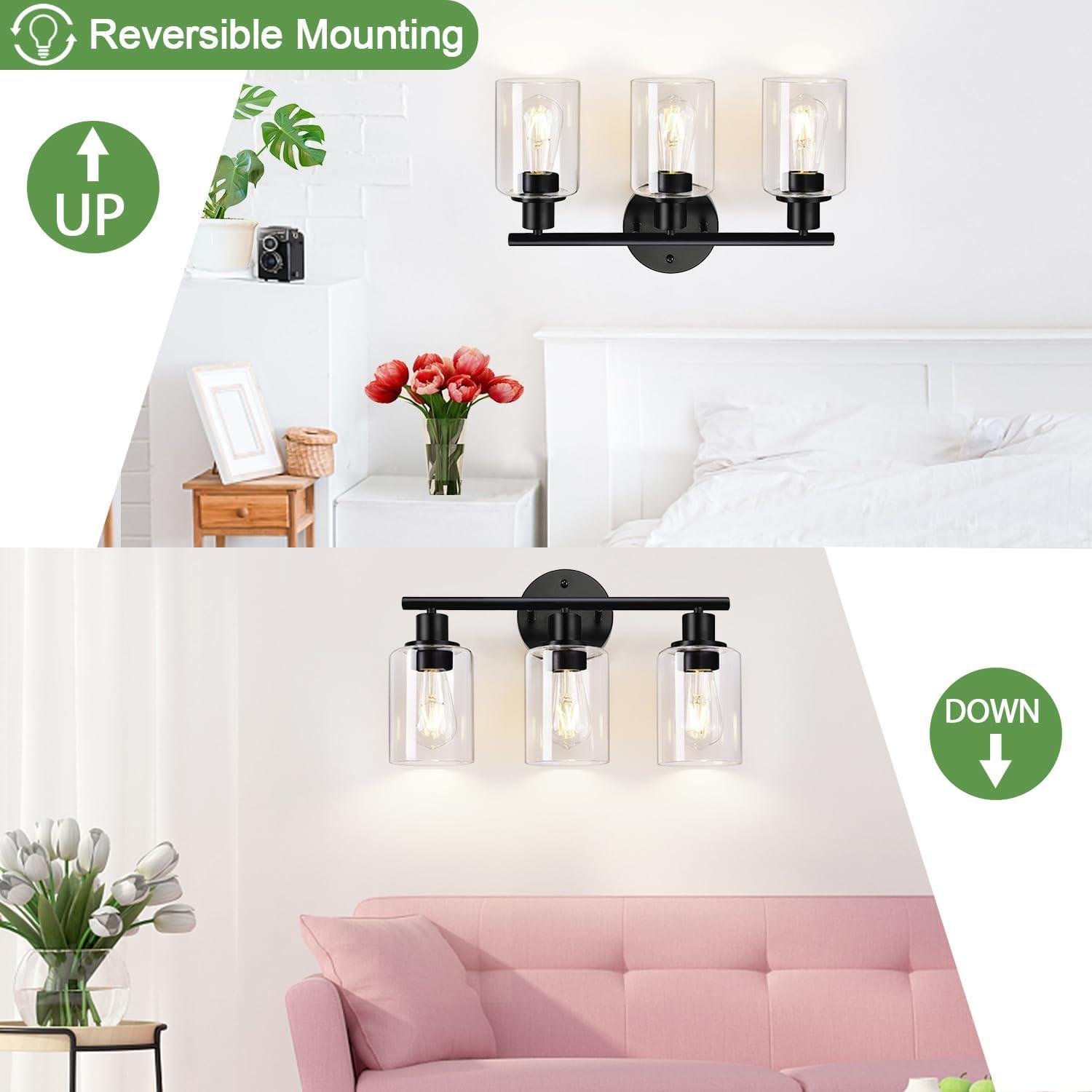 3-Light Bathroom Light Fixtures Bathroom Vanity Lights with Clear Glass Shades Matte Black Bathroom Light Fixtures over mirror for Mirror Living Room Cabinet Bedroom Porch