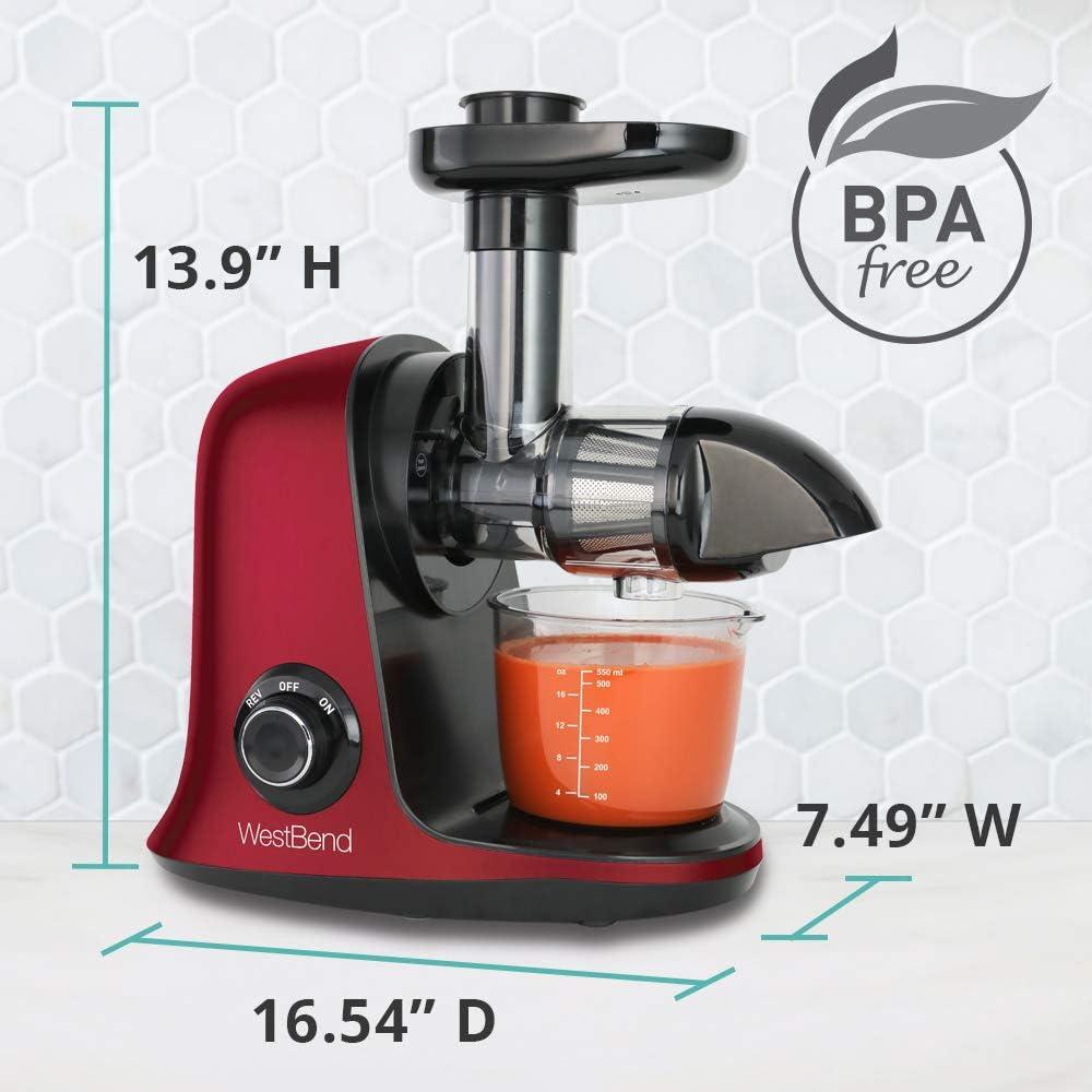 West Bend Juicer Cold Press Masticating Extractor Machine Features Quiet Motor Anti-Clog Reverse Function Nutrient Preserving For Juicing Fruits Vegetables and All Greens, 150-Watts, Red