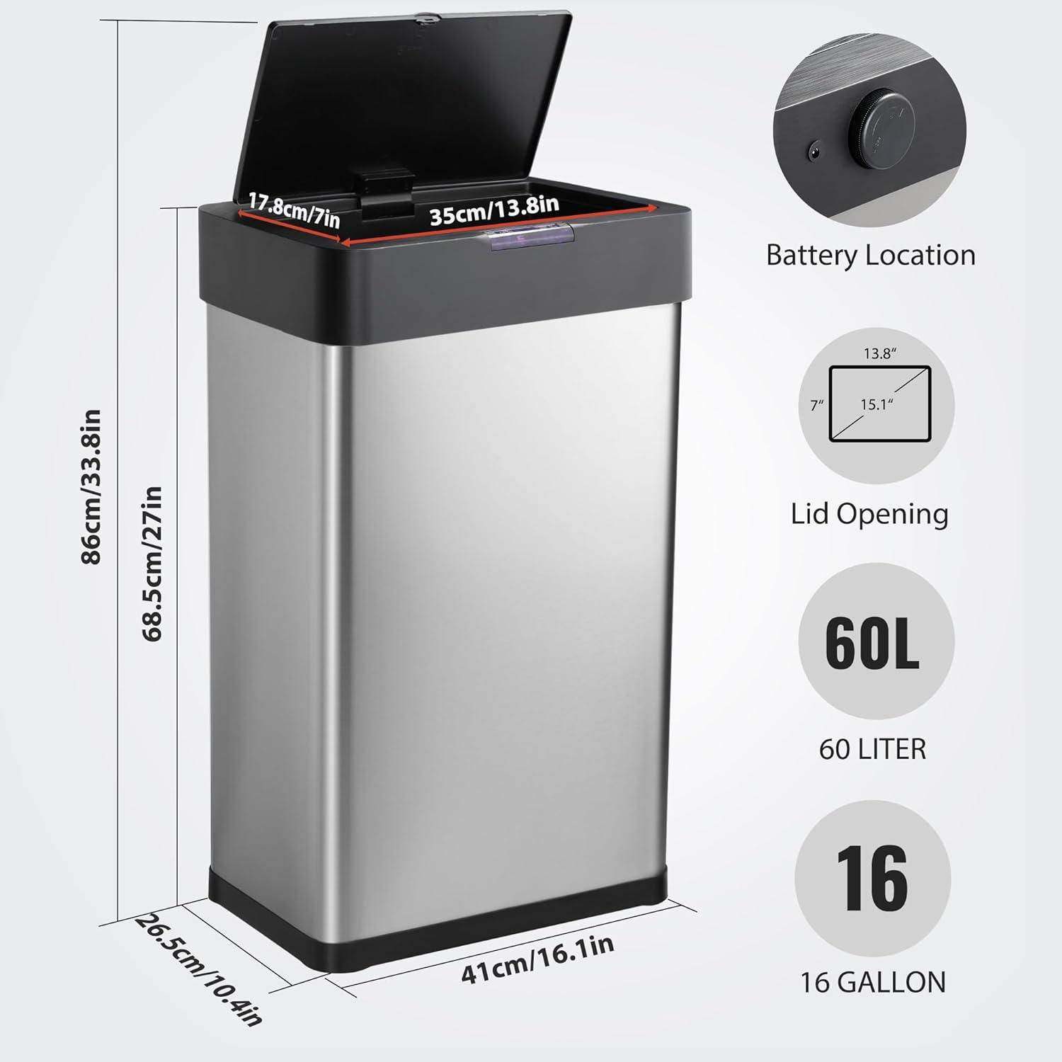 YfulYde 16 Gallon Trash Can, Sensor Trash Can, Stainless Steel Trash Bin with Lid, Soft Close, Automatic Waste Bin for Kitchen Living Room Office, Silver