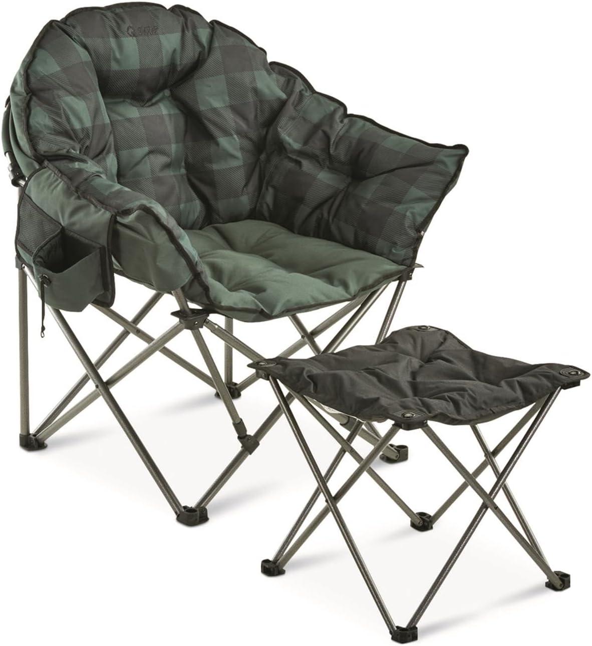Oversized Green Plaid Steel Frame Camping Chair with Arms