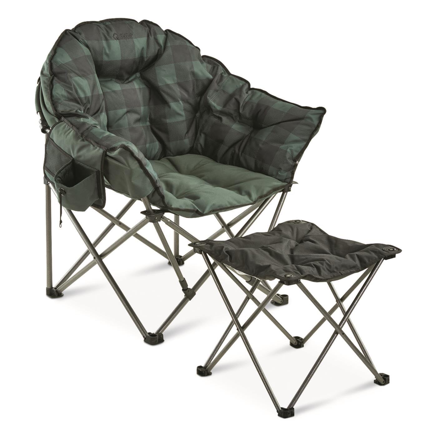 Oversized Green Plaid Steel Frame Camping Chair with Arms