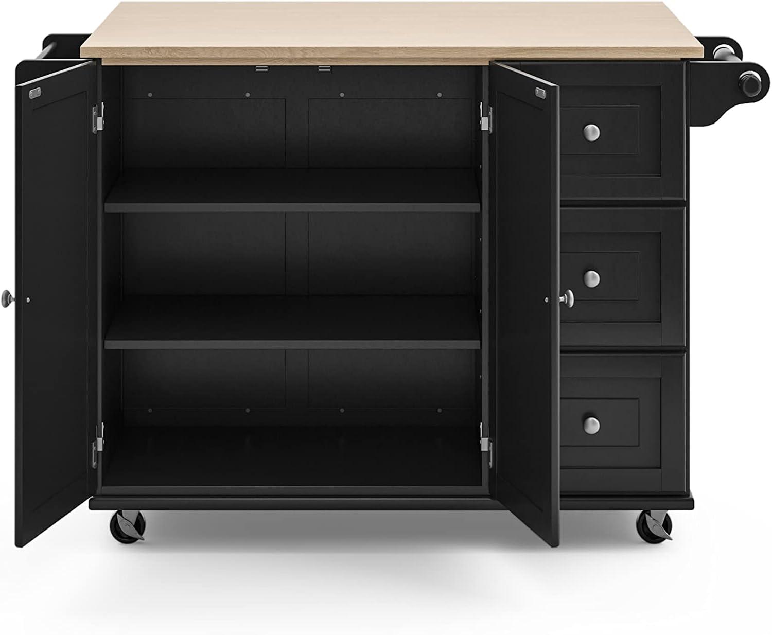 Black Wood Kitchen Cart with Drop Leaf and Storage