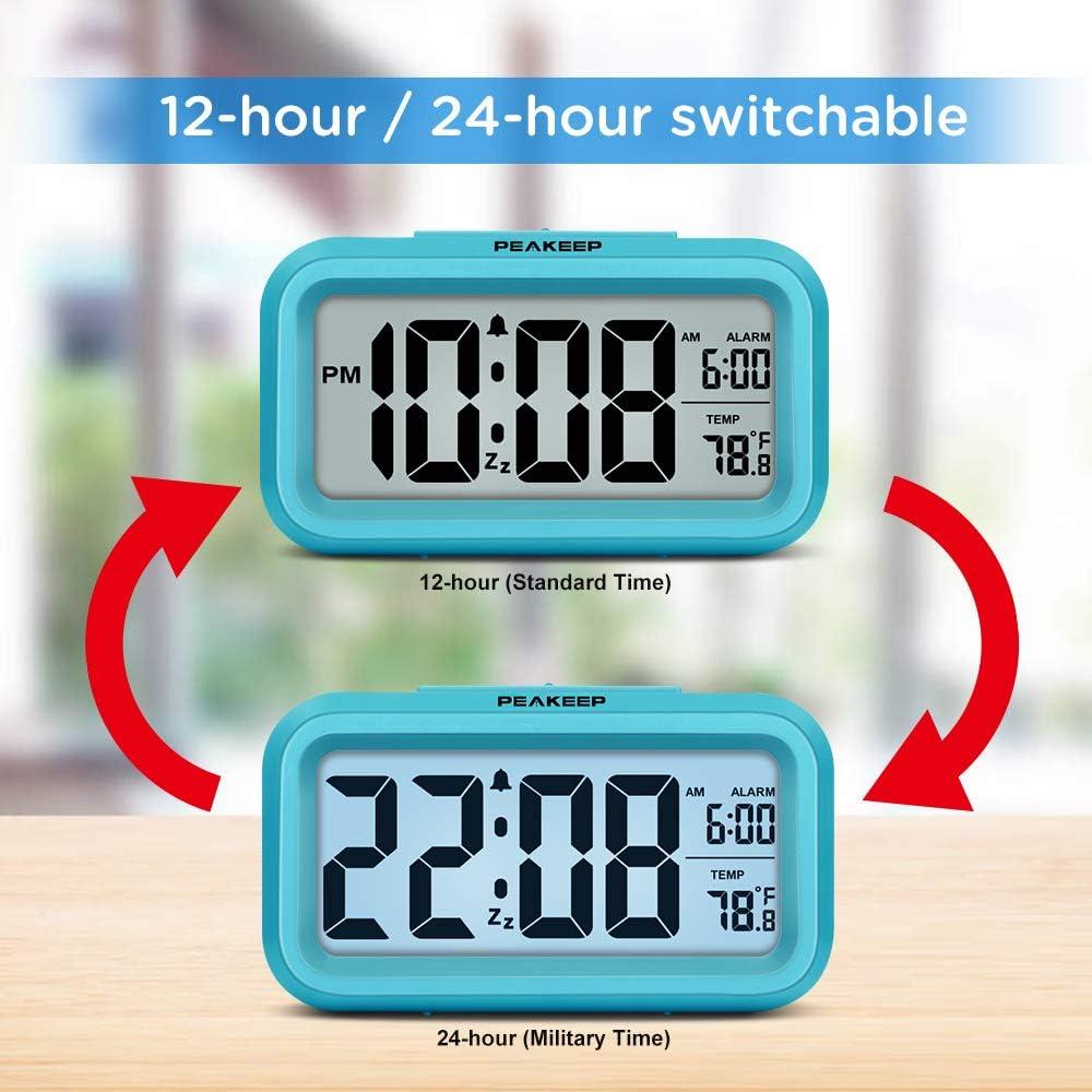 PEAKEEP Smart Night Light Digital Alarm Clock with Indoor Temperature, Battery Operated Desk Small Clock (Blue)