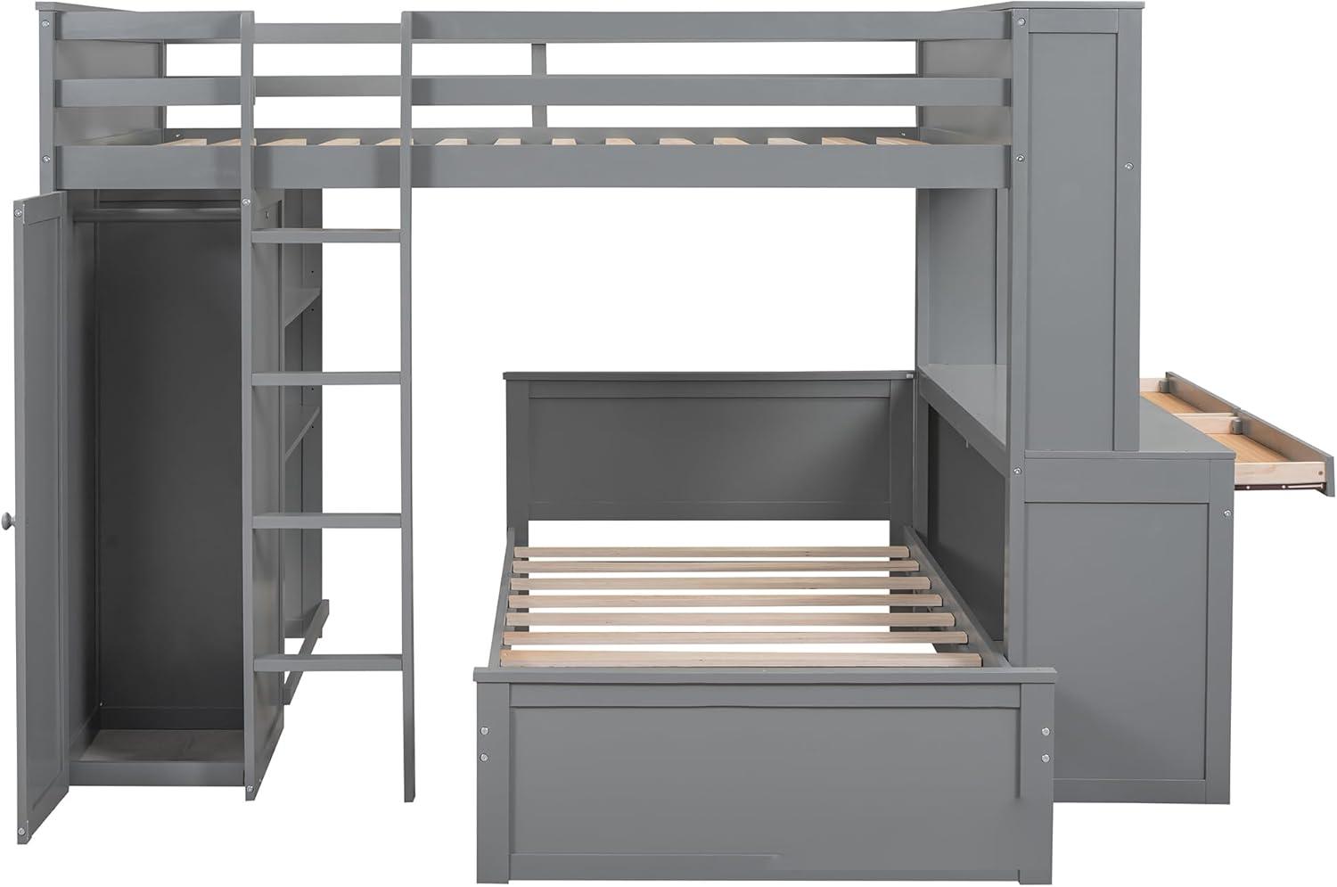 Full Over Twin Bunk Bed with Desk, Wardrobe and Storage Shelves, Loft Bed with A Stand-Alone Bed, Wooden Loft Bed Frame with Safety Guardrails & Slats Support, Bottom Bed Can Be Moved, Gray