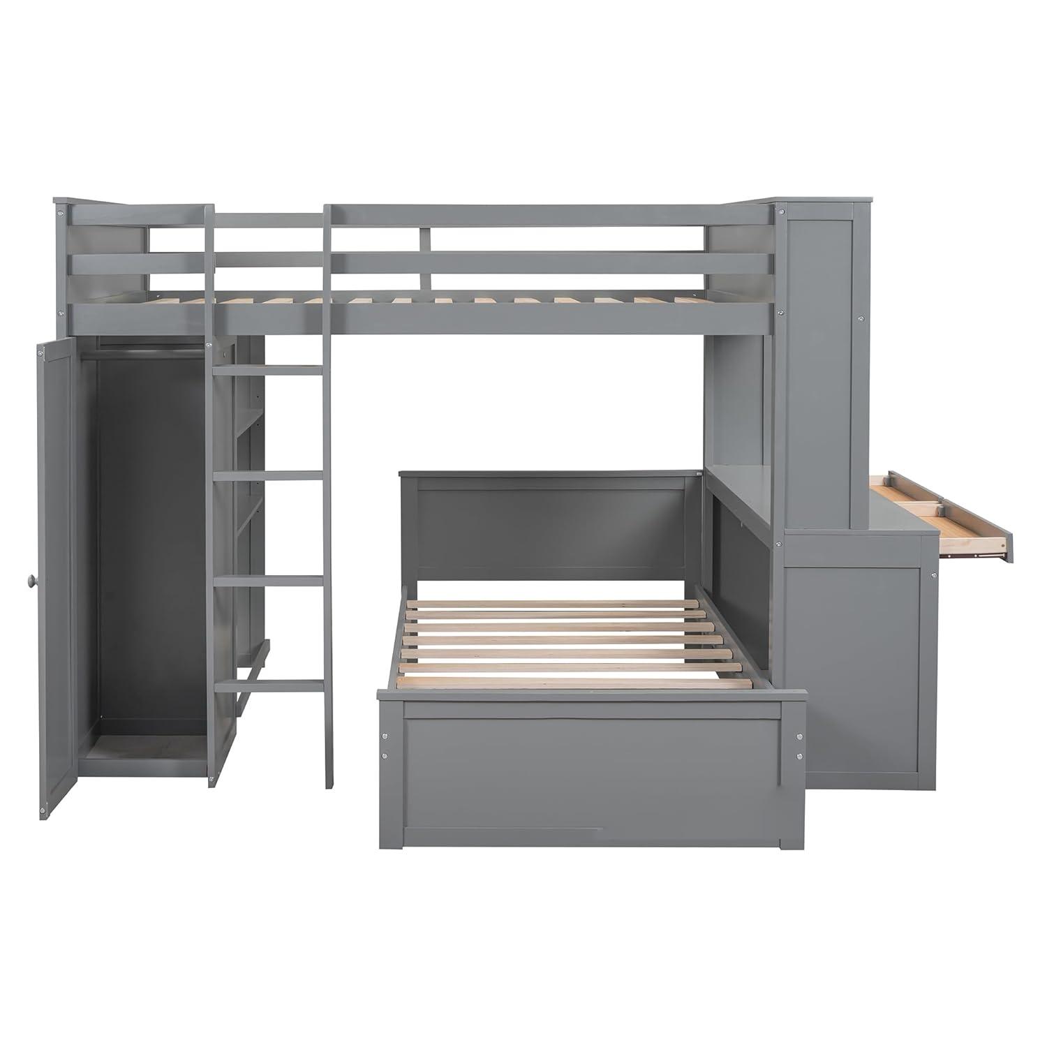 Full Over Twin Bunk Bed with Desk, Wardrobe and Storage Shelves, Loft Bed with A Stand-Alone Bed, Wooden Loft Bed Frame with Safety Guardrails & Slats Support, Bottom Bed Can Be Moved, Gray