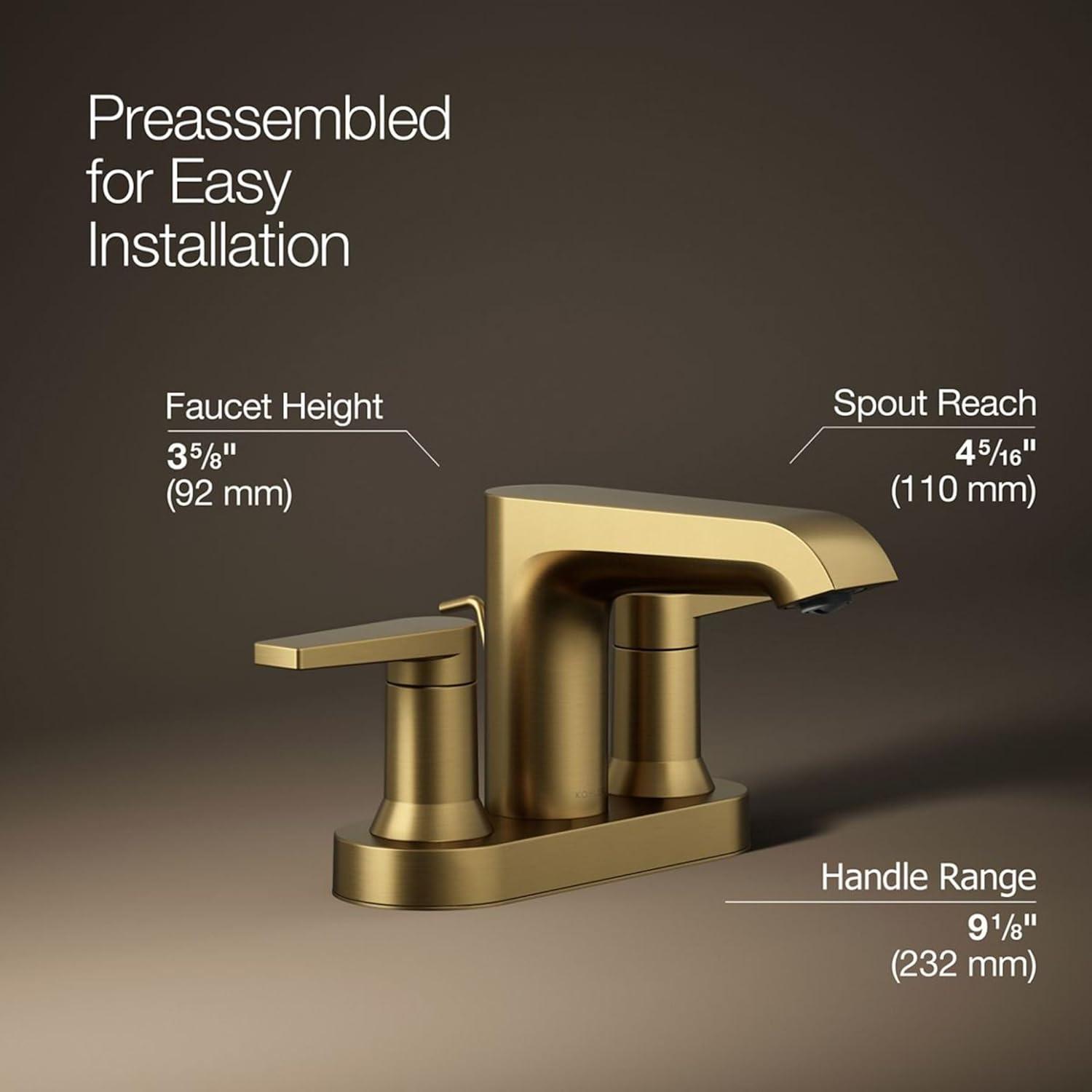 Kohler Hint Centerset 4 inch Bathroom Faucet with Pop-Up Drain Assembly, 2-Handle Bathroom Sink Faucet, 1.2 gpm