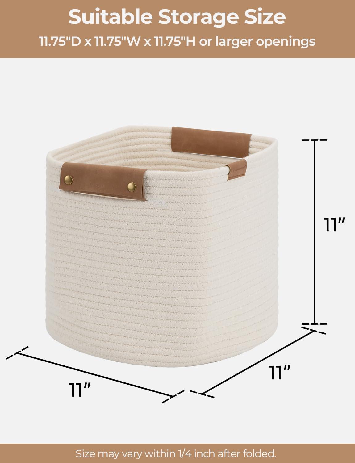 11x11x11 Woven Baskets - 3 Pack, Cotton Rope Baskets with Leather Handles, White - Cube Storage Organizer for Bedroom, Nursery Room, Living Room