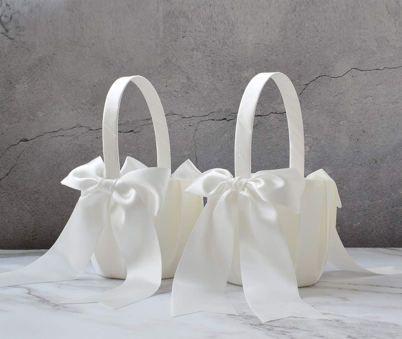 2 PCS Flower Girl Baskets Set- Cute Cherish Wedding Flower Baskets (Ivory)