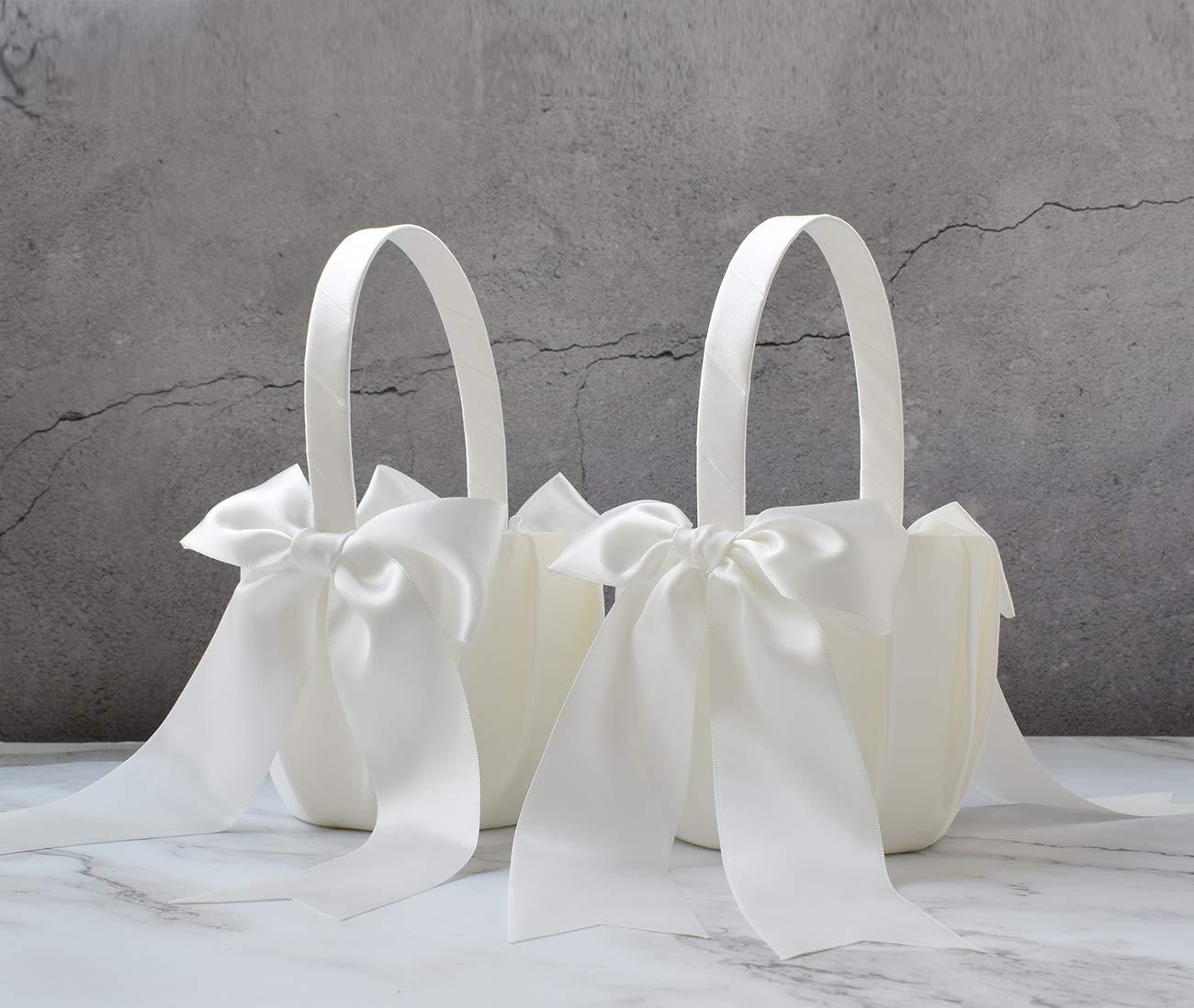 2 PCS Flower Girl Baskets Set- Cute Cherish Wedding Flower Baskets (Ivory)