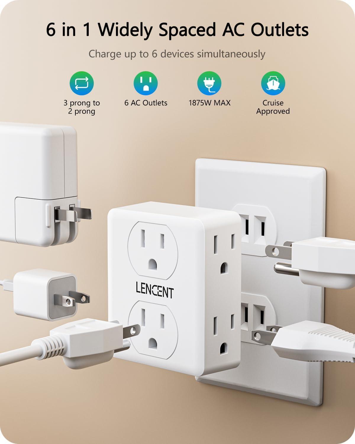LENCENT Multi Wall Plug Outlet Extender,2 to 3 Prong Outlet Adapter 2 Pack,6 Way outlet Multiple Plugs Outlets Splitter,3-Sided Power Strip,Non-Grounded for Home Office Wall Tap Electrical Outlet