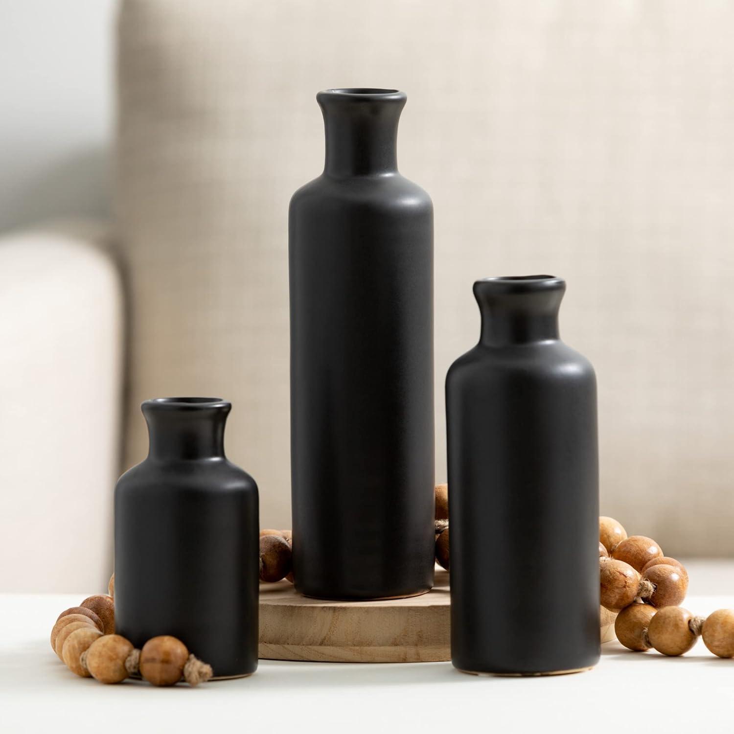 Sullivans Matte Black Set of 3 Small Ceramic Bottle Vases 5"H  7.5"H & 10"H Black