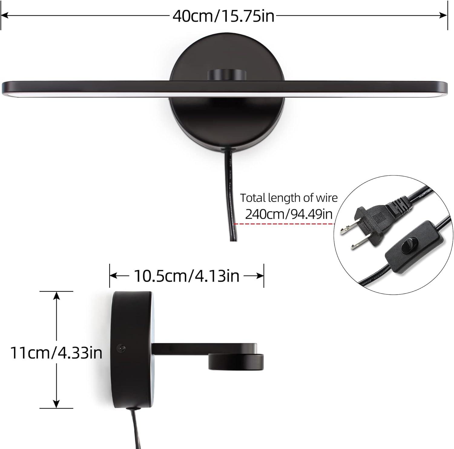 MantoLite LED Vanity Lighting Fixtures, 15.75 inch Wall Mounted Plug in Light Fixtures, Bathroom Over Mirror Lamp Modern Home Wall Picture Lamps Sconces, 12W 3000K Black Make-up Mirror Front Lamps