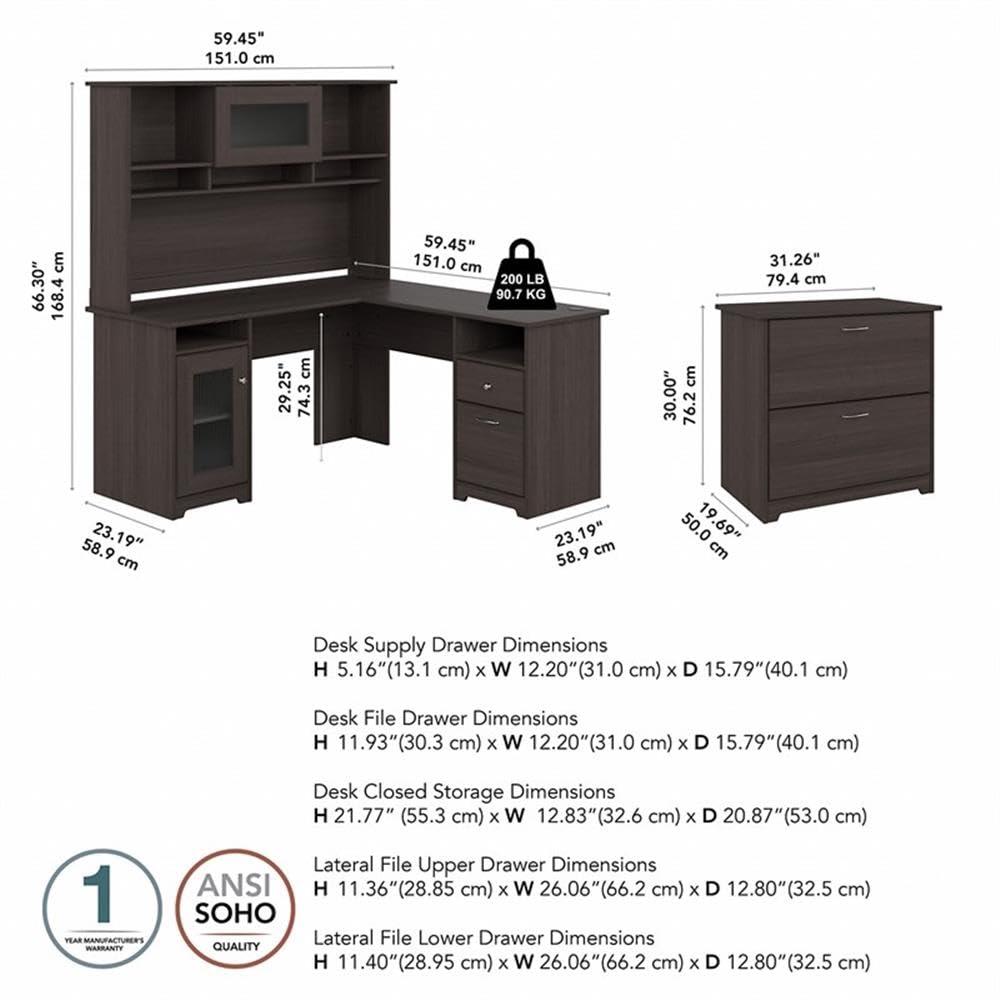 Cabot L Desk with Hutch & File Cabinet in Modern Walnut - Engineered Wood