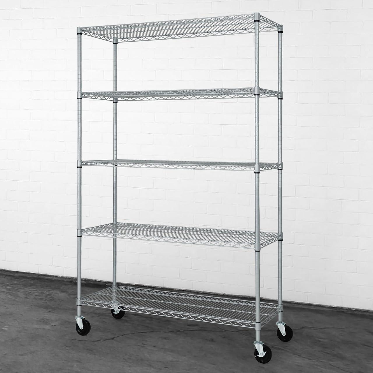 Silver 5-Tier Adjustable Metal Wire Shelving Unit with Wheels