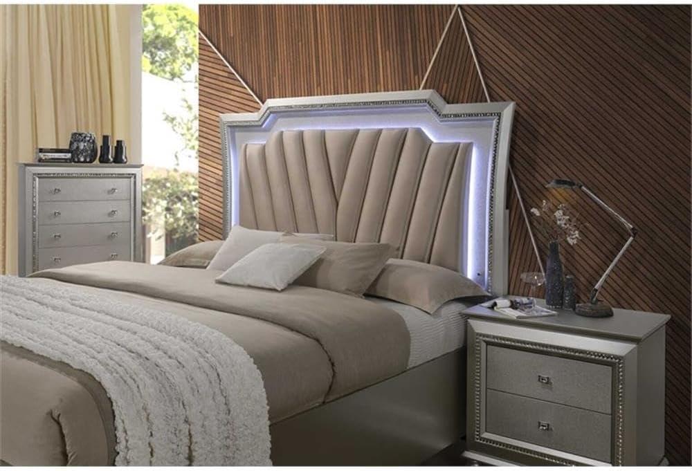 Queen Kaitlyn Bed with LED Headboard Faux Leather/Champagne - Acme Furniture: Glam Style, Storage Drawers, No Box Spring Needed