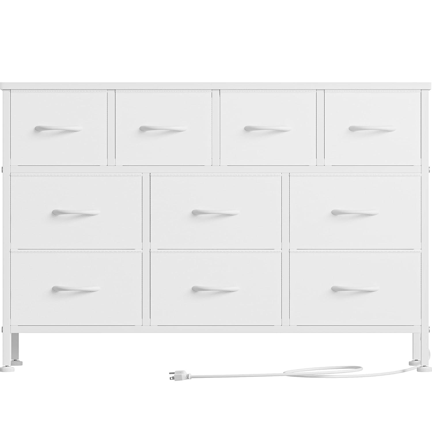 Lulive 10 Drawer White Dresser for Bedroom, Dresser TV Stand with Power Outlet, Entertainment Center Chest of Drawers for 55'' Long TV, Wide Fabric Dresser for Storage and Organization (White)