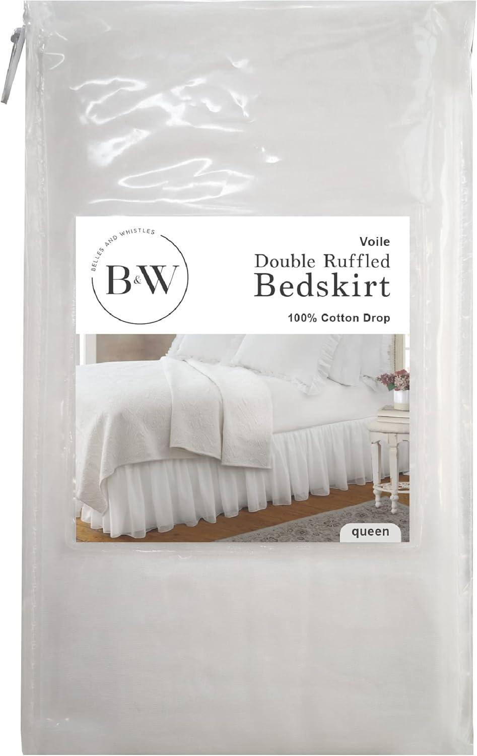 Belles & Whistles Double Voile Ruffled Bed Skirt Dust Ruffle, Cotton Layered, 15" Drop Length, Queen, White