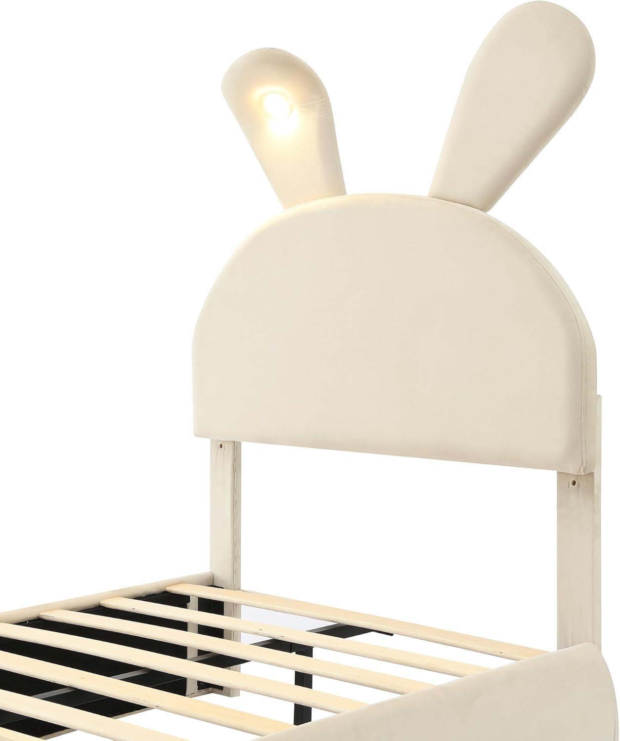 Sesslife Twin Bed Frame for teens, Upholstered Bed Frame with 2 Storage Stools and LED Light, Cute Bed Frame with Rabbit-Ears Shaped Headboard, Cartoon Twin Bed Frame, No Box Spring Needed, Beige