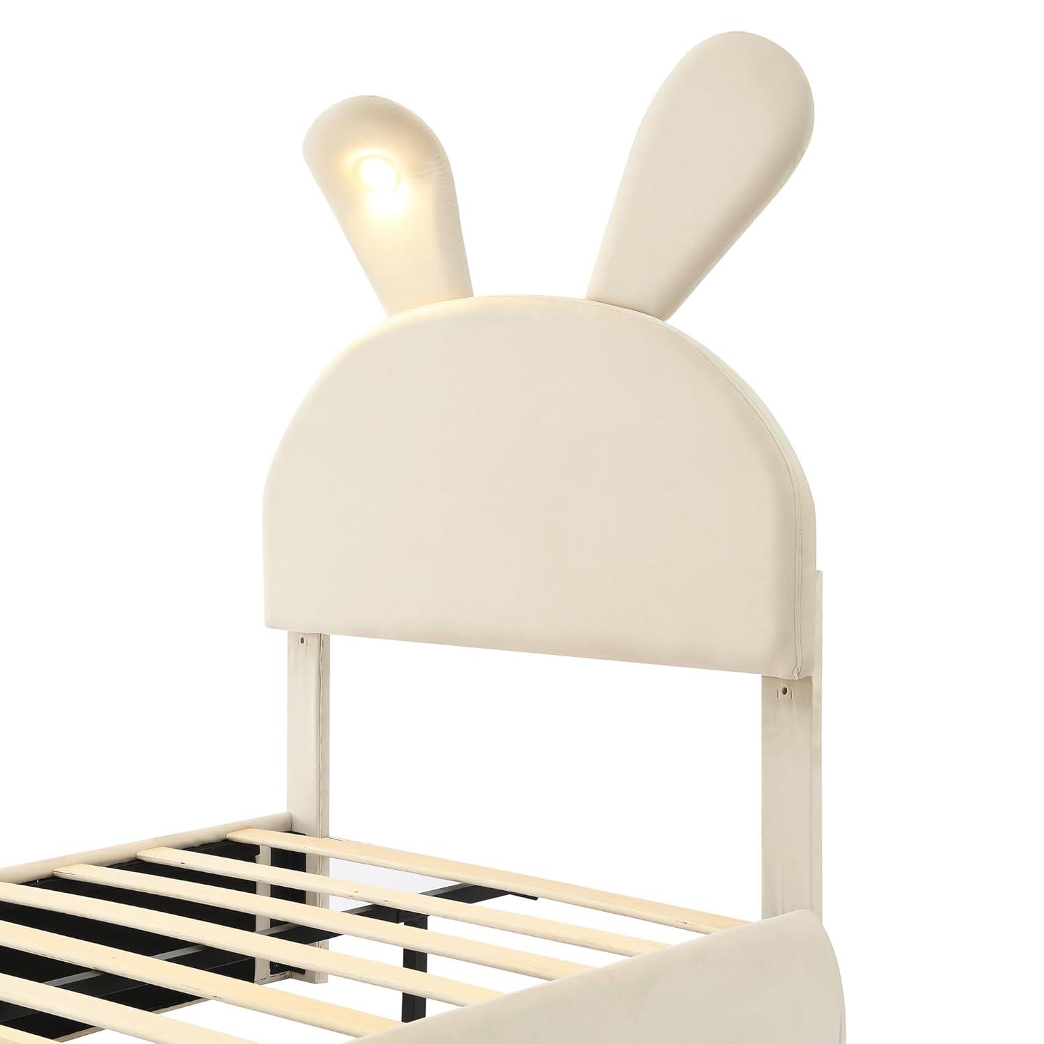 Sesslife Twin Bed Frame for teens, Upholstered Bed Frame with 2 Storage Stools and LED Light, Cute Bed Frame with Rabbit-Ears Shaped Headboard, Cartoon Twin Bed Frame, No Box Spring Needed, Beige
