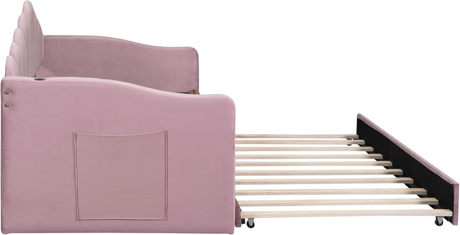 Pink Velvet Twin Daybed with Trundle and Storage