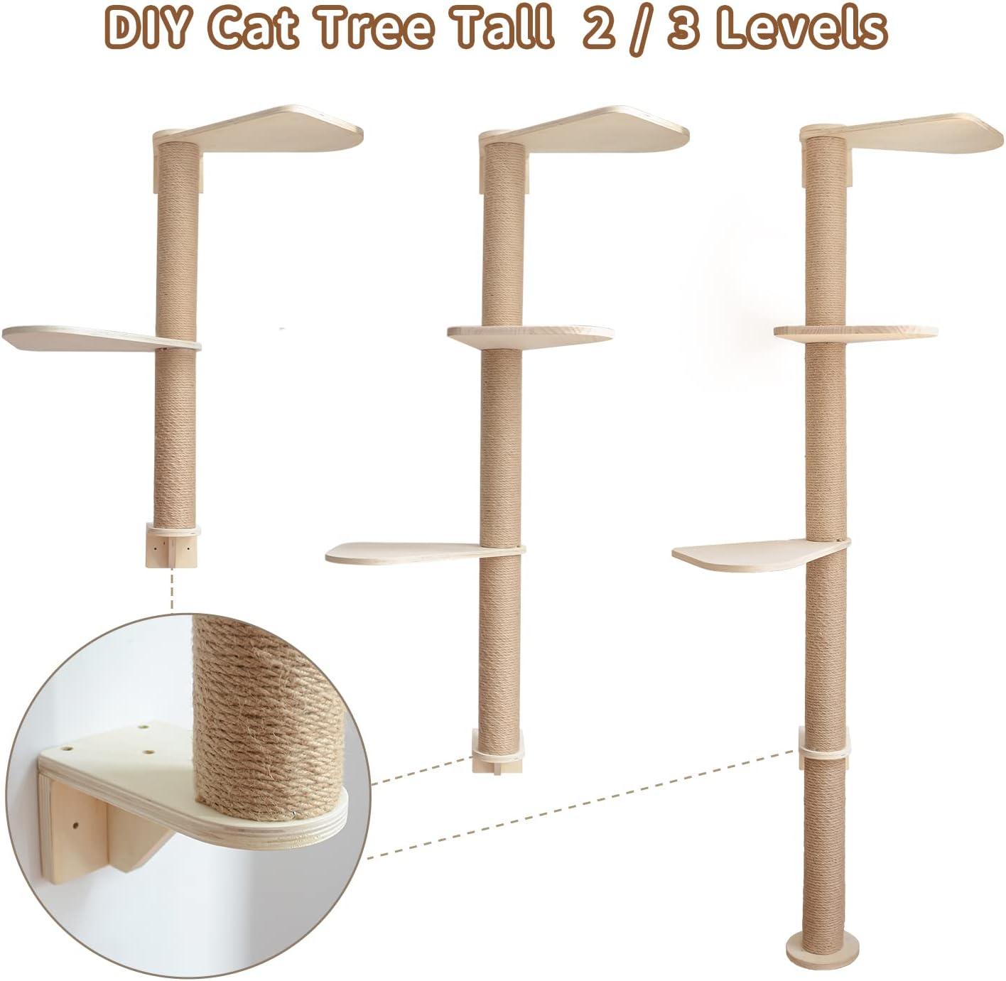 Wood Cat Tower Floor to Ceiling Adjustable, Tree Tall Cat Scratching Post, Cat Tree with 3-Tier Floor for Climb, Cat Climbing Tower Vertical with Natural Sisal Rope