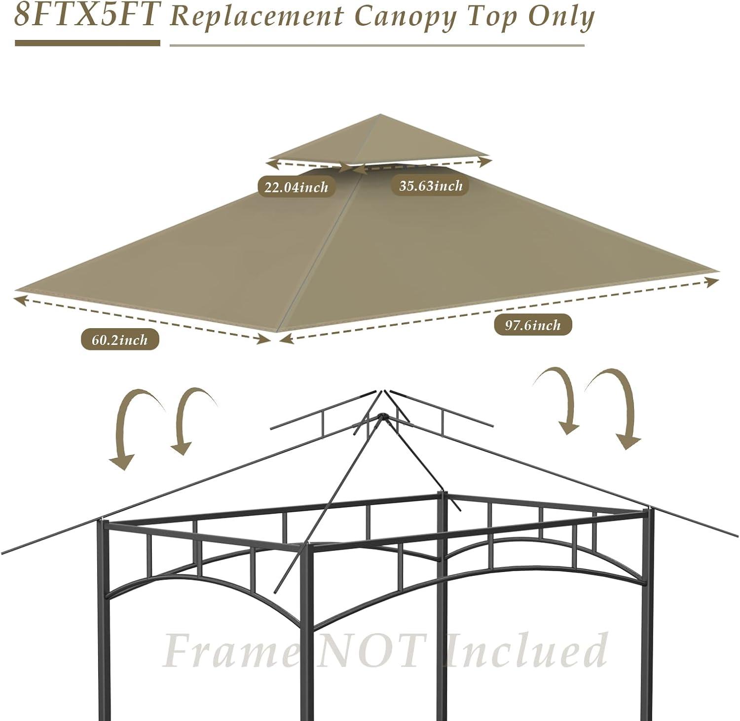 Grill Gazebo Replacement Top, 5 * 8 Outdoor BBQ Top Cover, Double Layer BBQ Gazebo Top Canopy for Model #L-GG001PST-F (Khaki)