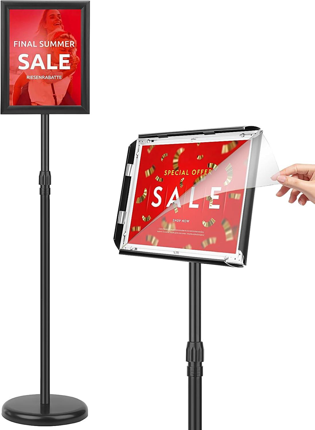 Adjustable Sign Holder Stand 8.5x11 inch,Pedestal Floor Signage Standing Holder with Heavy Duty Base, Aluminum Snap Open Frame Display for Business Restaurant, Mall,Schools-1 Pack