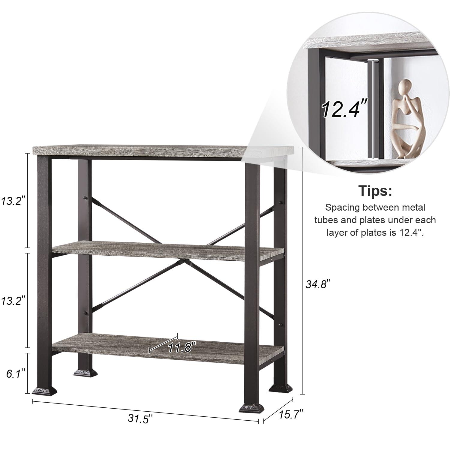 HOMBAZAAR 3 Tier Bookshelf,Grey Industrial Book Shelf,Engineered Wood and Metal Deep Bookshelves,Low Shelf Bookcase for Living Room,Office,Bedroom and Kitchen