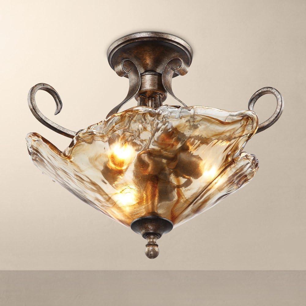 Franklin Iron Works Amber Scroll Modern Ceiling Light Semi Flush Mount Fixture 20 1/4" Wide Golden Bronze Art Glass for Bedroom Kitchen Living Room