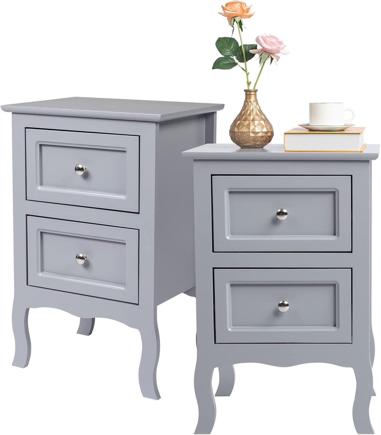 Hassch Nightstand with 2 Drawers Set of 2, Wood Bedside Table with Storage, 2PCS Bedside Table with Metal Handles for Bedroom/Small Space, Easy Assembly, Gray